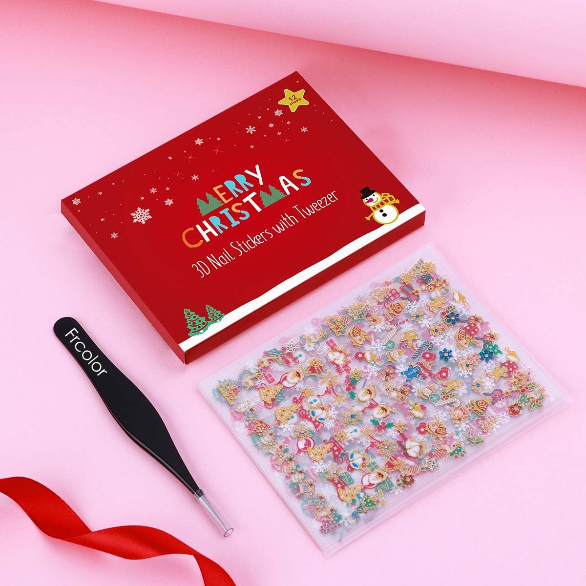 Calcomanías de uñas de Navidad, 12 hojas de calcomanías de arte de uñas, adhesivo 3D, copos de nieve de Navidad, patrón de bastón de caramelo, arte