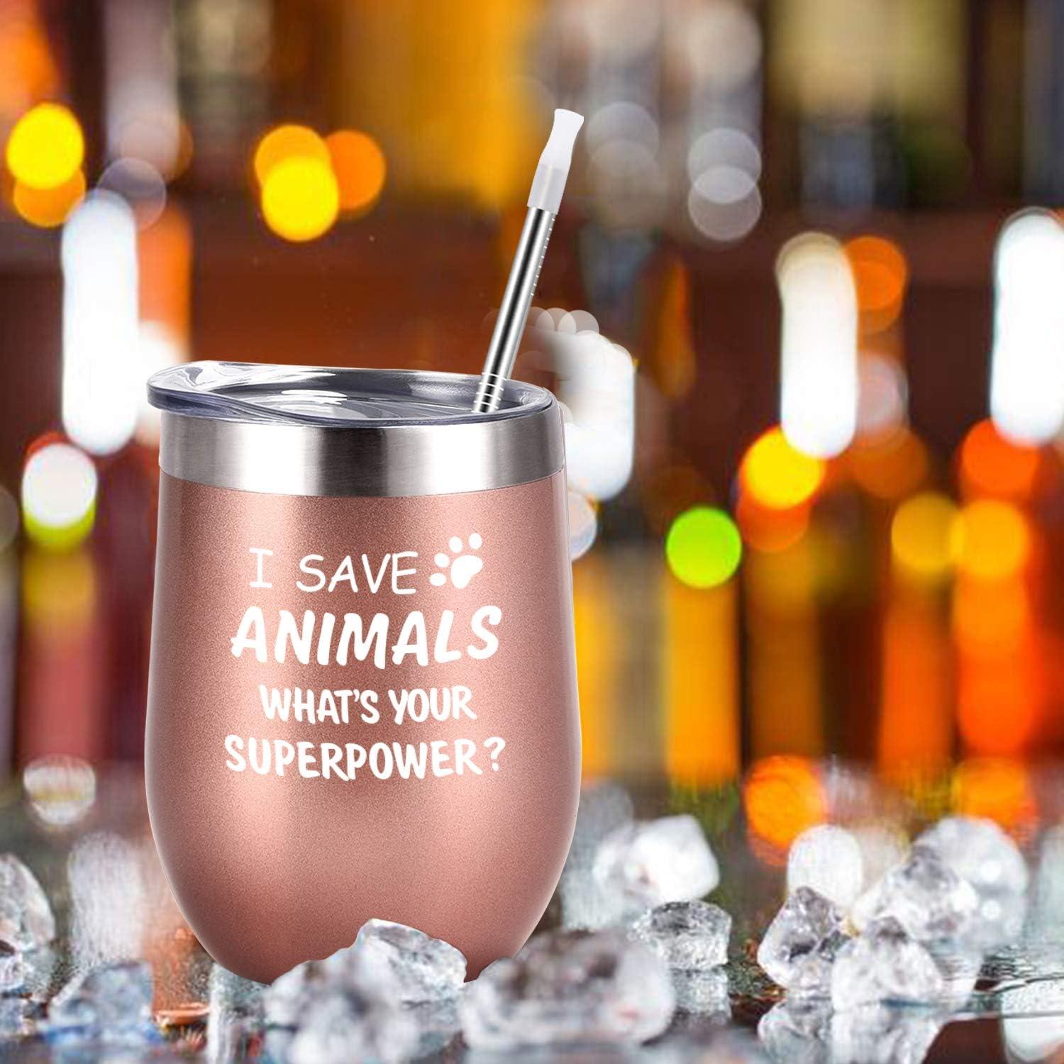 Paquete de 4 vasos de vino con tapa con texto en inglés “I Save Animals, Whats Your Superpower”, de acero inoxidable, ideas de cumpleaños y Navidad