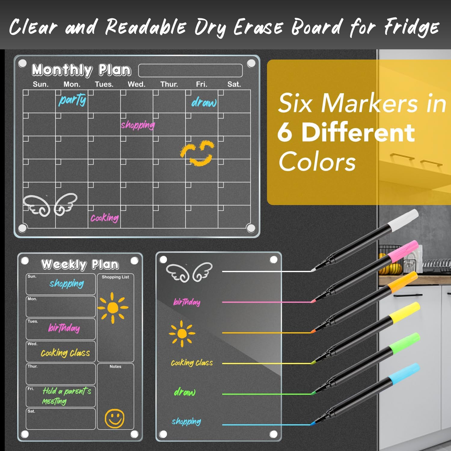 DIYMAG Paquete de 3 calendarios magnéticos de acrílico de borrado en seco para refrigerador, juego de tablero de planificación de calendario
