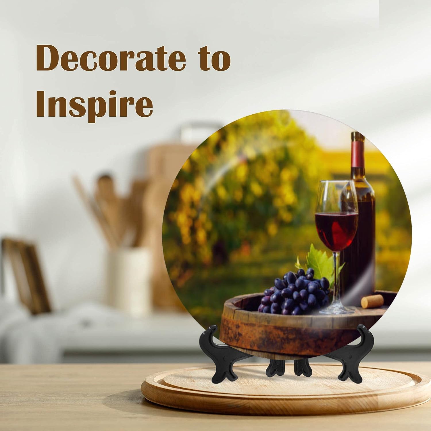 Placa de cerámica para colgar en la pared, copa de vino tinto, uva, barril de madera, pintura de viñedo, placa decorativa, plato de porcelana para