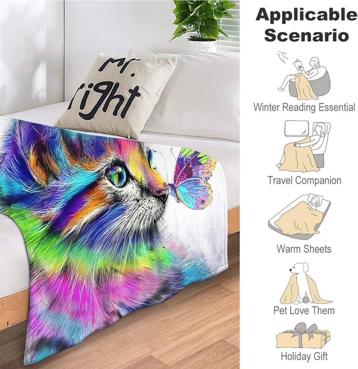 Manta de gato para niñas y mujeres, manta colorida de gato con mariposa, ultra suave y acogedora, manta de forro polar lindo para niños, amantes de