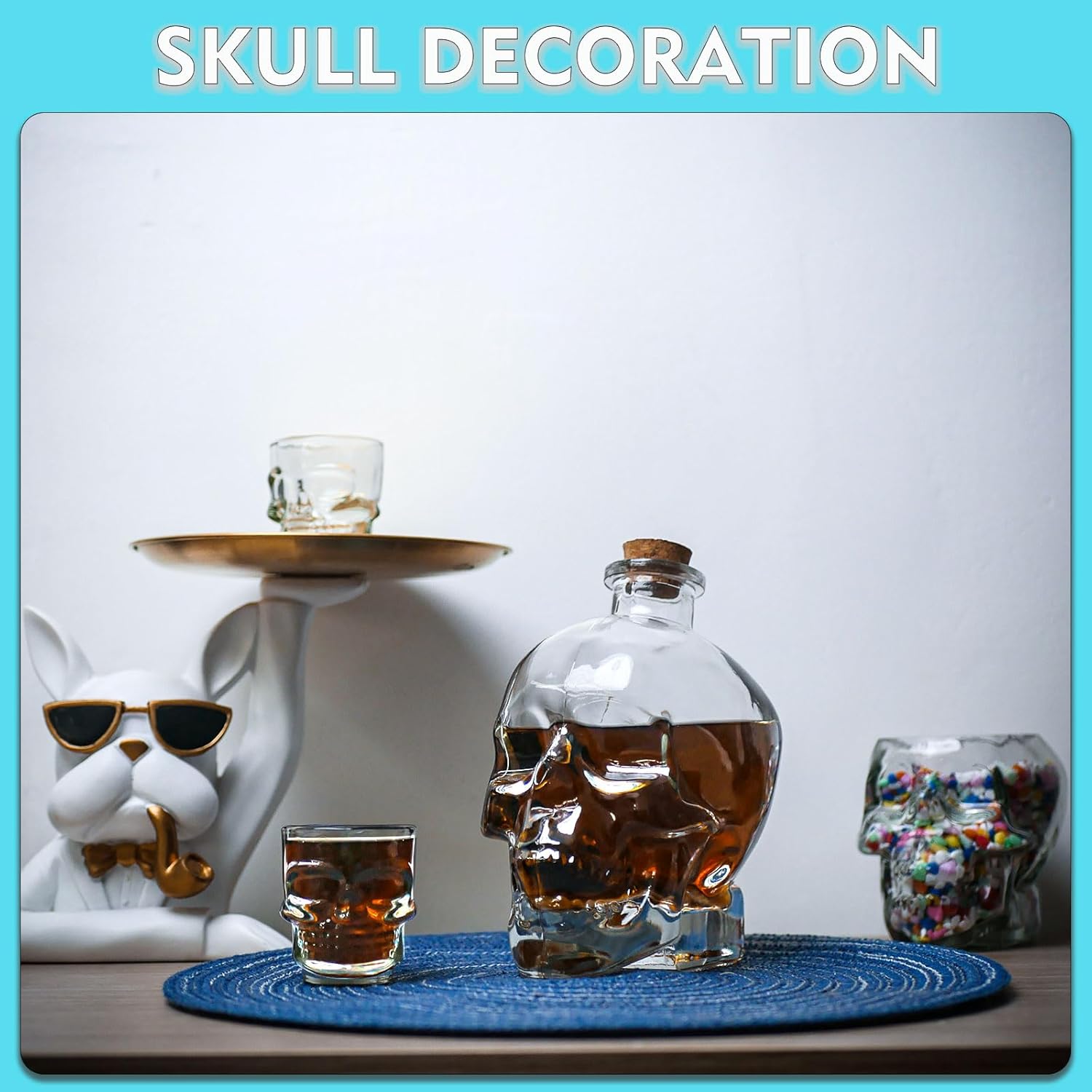 Juego de decantadores de calavera de 25 onzas  25.4 fl oz, botella de licor de calavera de cristal con 2 tazas pequeñas de 1.7 fl oz, divertida