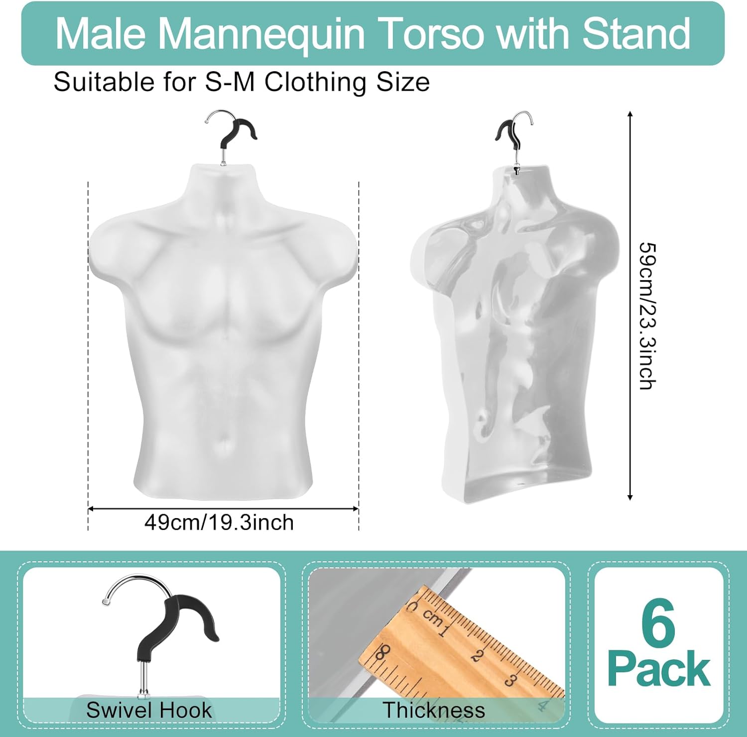 6 piezas de maniquí masculino torso blanco maniquí colgante cuerpo torso con ganchos, medio maniquí cuerpo hueco espalda para coser vestido y camisa