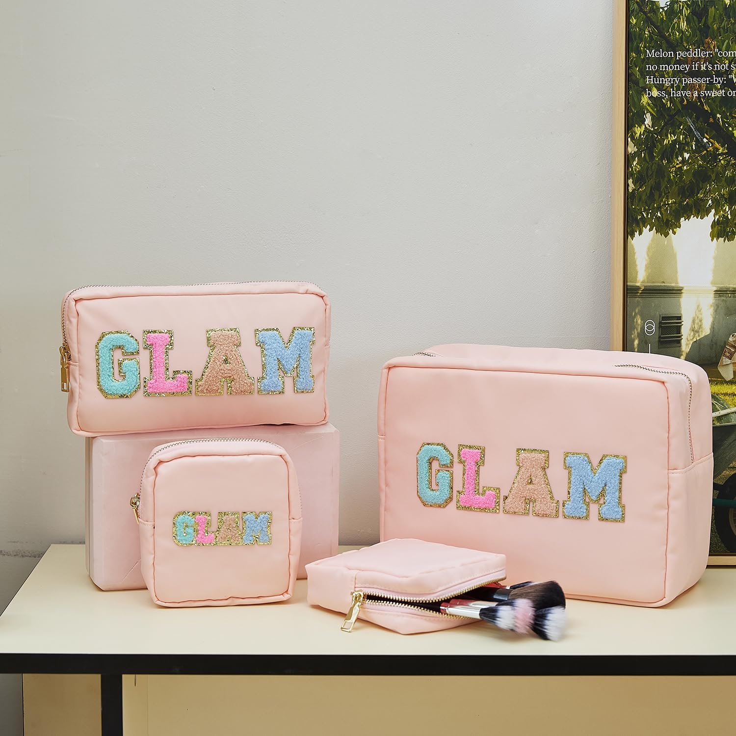 Preppy Patch – Bolsas de maquillaje con letras con purpurina, bolsa de cosméticos de viaje, bolsa de nailon impermeable para mujeres y niñas,
