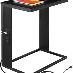 Vagusicc Mesa auxiliar en forma de C con estación de carga, mesa auxiliar pequeña para sofá con salidas y puertos USB para sala de estar, Vagusicc Mesa auxiliar en forma de C con estación de carga, mesa auxiliar pequeña para sofá con salidas y puertos USB para sala de estar,