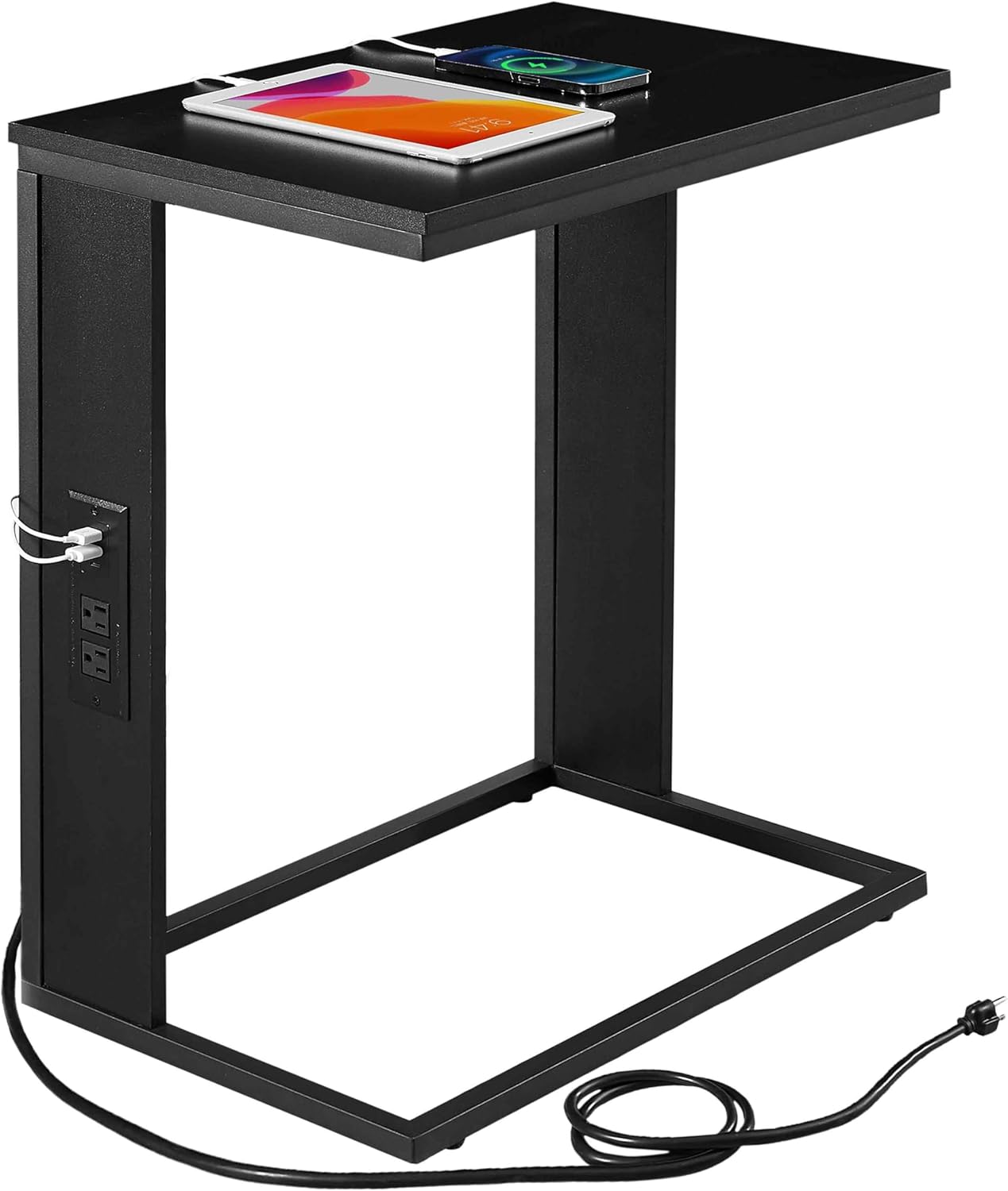 Vagusicc Mesa auxiliar en forma de C con estación de carga, mesa auxiliar pequeña para sofá con salidas y puertos USB para sala de estar,
