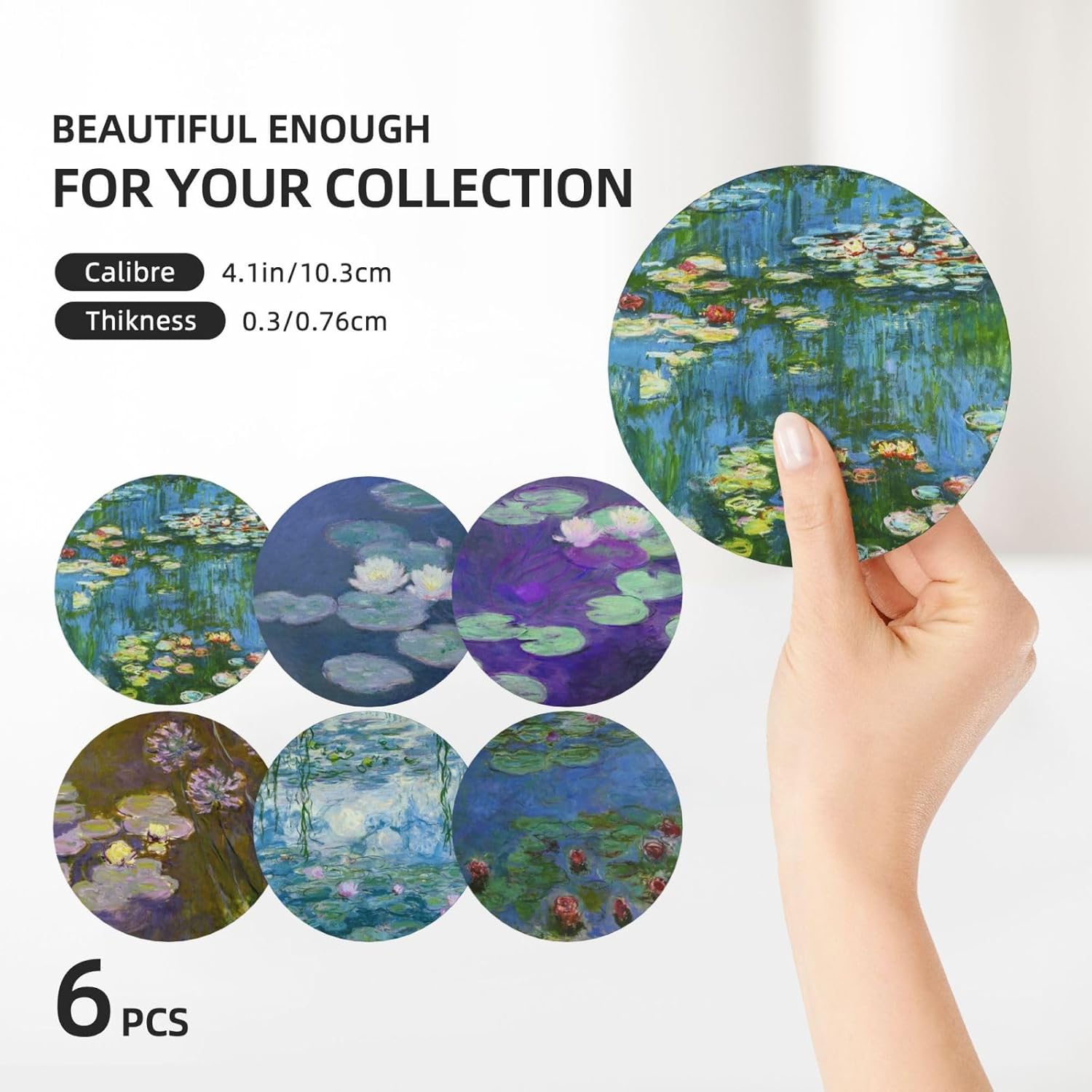 Juego de posavasos de cerámica para bebidas con base de corcho, utiliza 6 pinturas famosas de Claude Monet, regalos únicos de inauguración de la