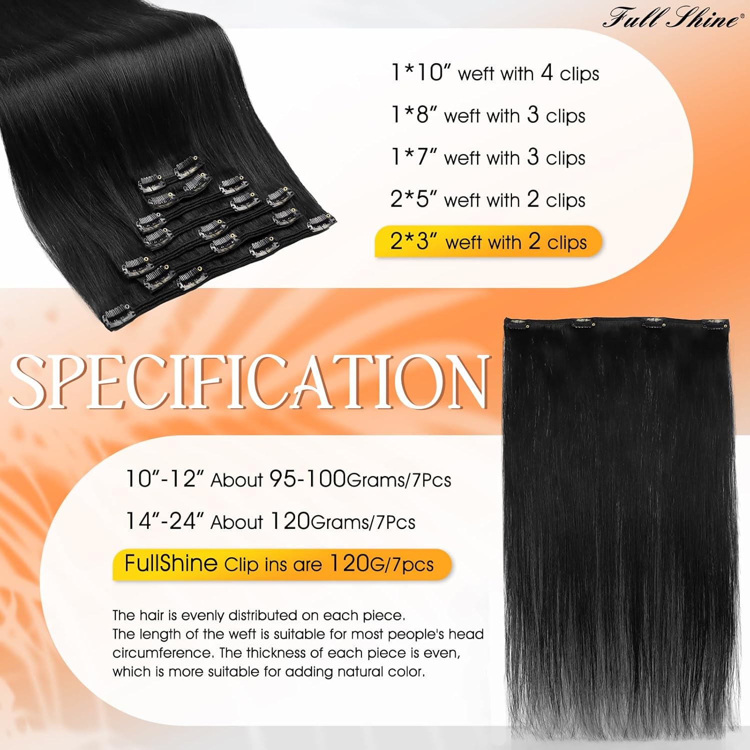 Full Shine – Extensiones de clip de cabello humano, extensiones doble capa de cabello brasileño lacio – Color1, negro azabache, 7piezas, 4.2onzas