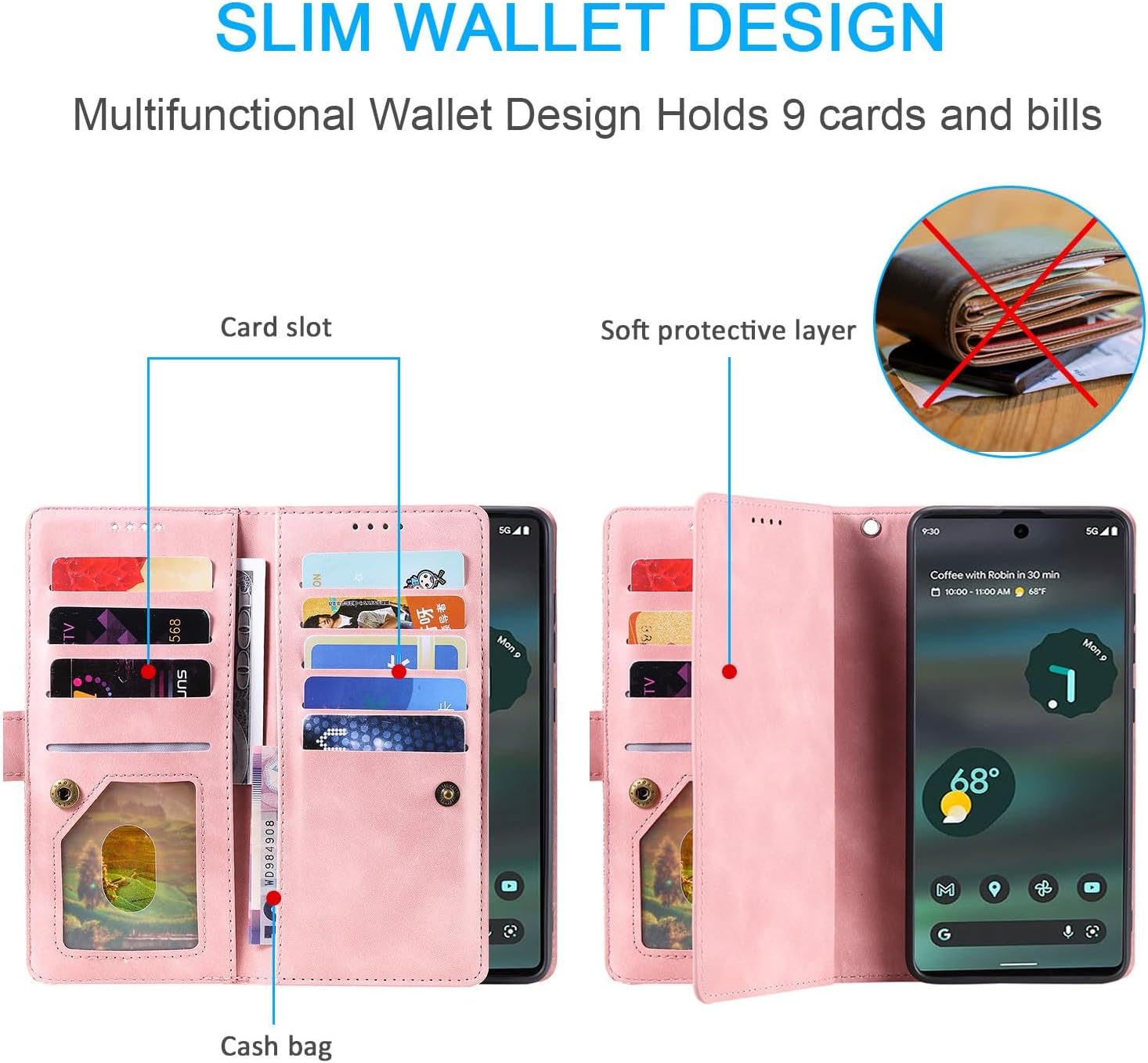 Furiet Funda tipo cartera para Google Pixel 6A 5G 2022, estilo retro, mate, 9 ranuras para tarjetas, funda de bolsillo con cremallera, cierre