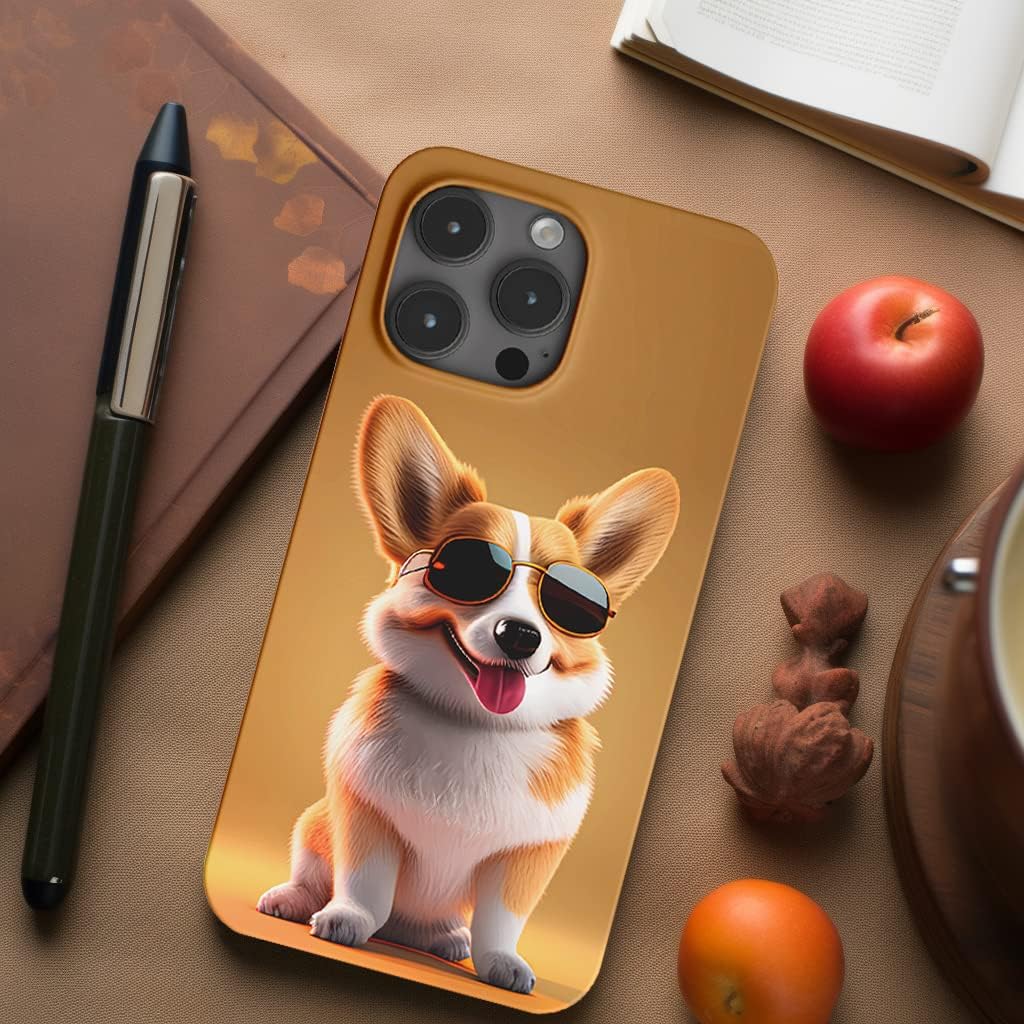 Lindo Corgi cachorro con gafas de sol amarillo para iPhone 14 Pro Max Descripción de la caja del teléfono, paquete completo de pintura en aerosol,