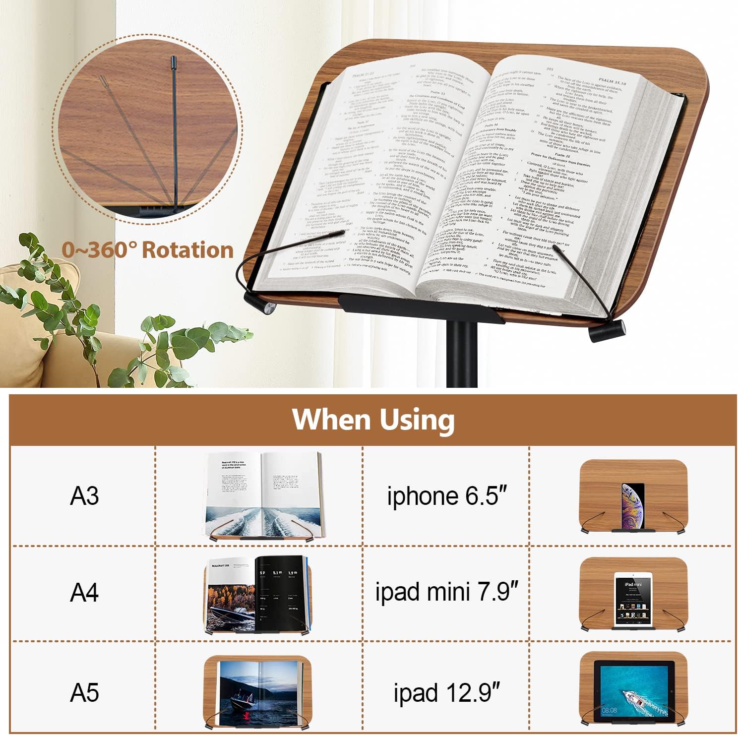 Nisorpa Soporte de libro para leer podio ajustable a mano libre para la Biblia, hoja de música, libro de recetas de cocinero, soporte de madera con
