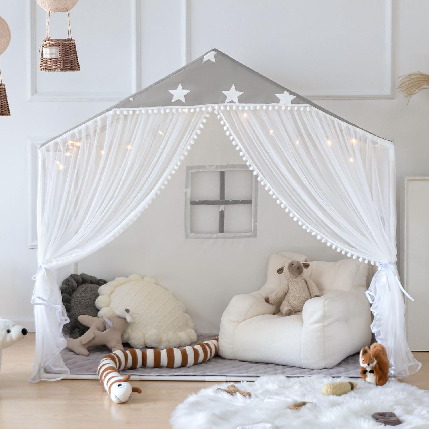 Tienda de campaña para niños con alfombra, tienda de campaña grande con cortinas de puerta de pompones, casa de juegos para niños para niñas y