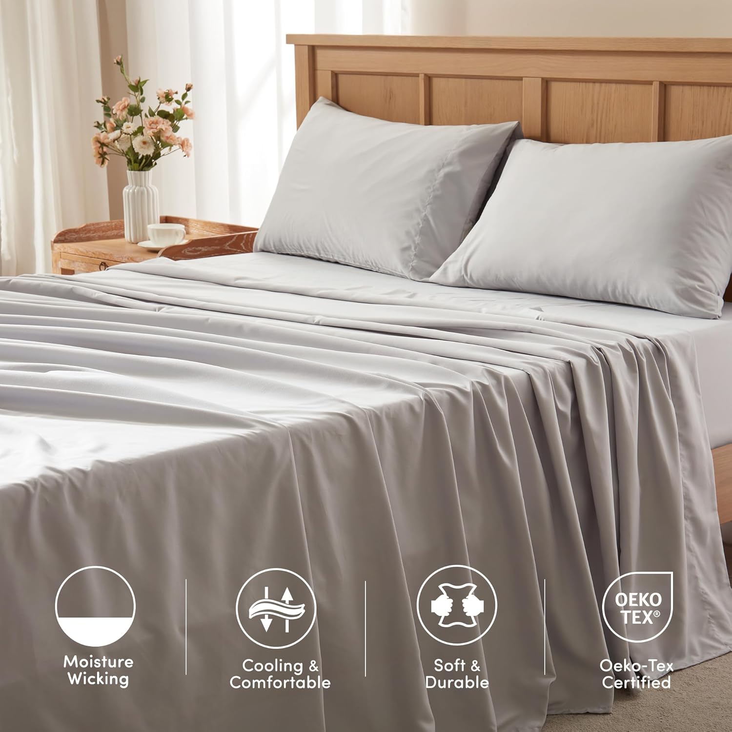 Comfort Spaces Coolmax – Juego de sábanas suaves que absorben la humedad, suaves y resistentes a la decoloración, bolsillo profundo elástico que se