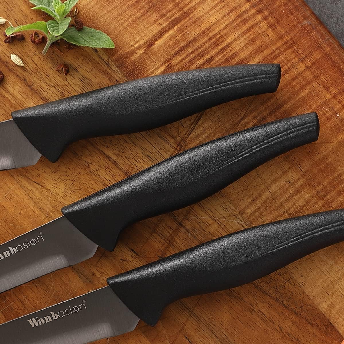 Wanbasion Juego de cuchillos para carne negros no dentados, aptos para lavavajillas, juego de cuchillos afilados para carne para cocina con asas