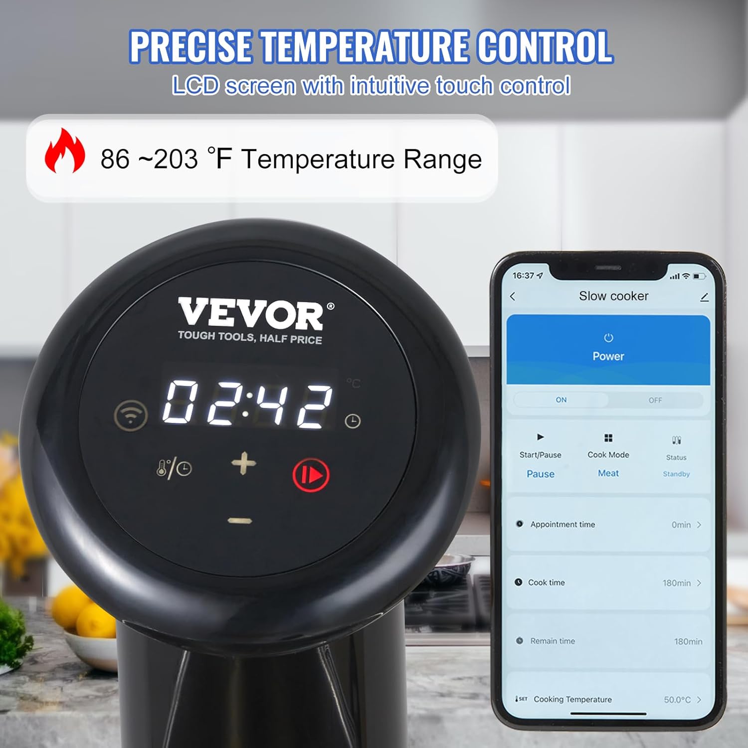 VEVOR Máquina Sous Vide con control de aplicación Bluetooth Wi-Fi Connect, circulación de inmersión de 1200 W, IPX7 impermeable, con control de
