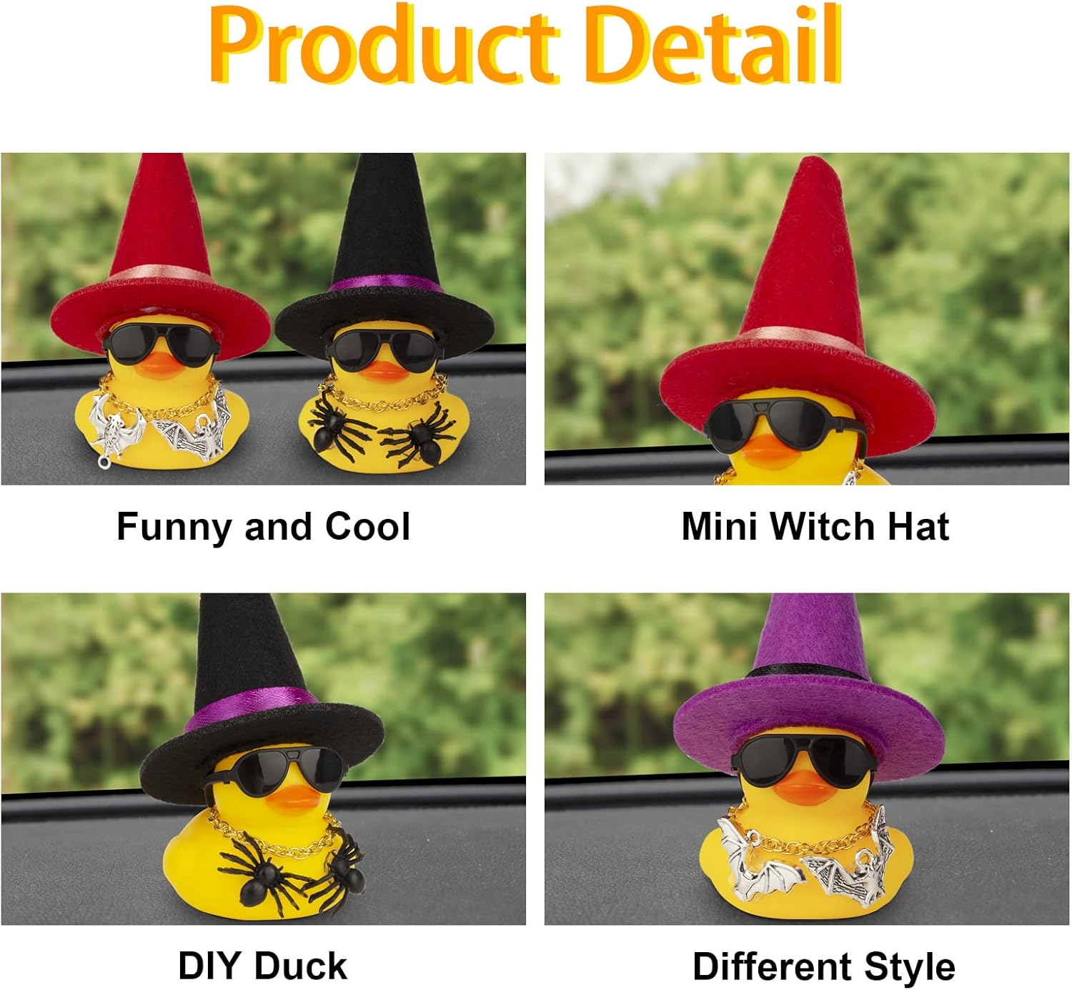 Adornos de pato de goma para automóvil, decoraciones de tablero de automóvil con mini sombrero de bruja, capa, collar, accesorios de Halloween para