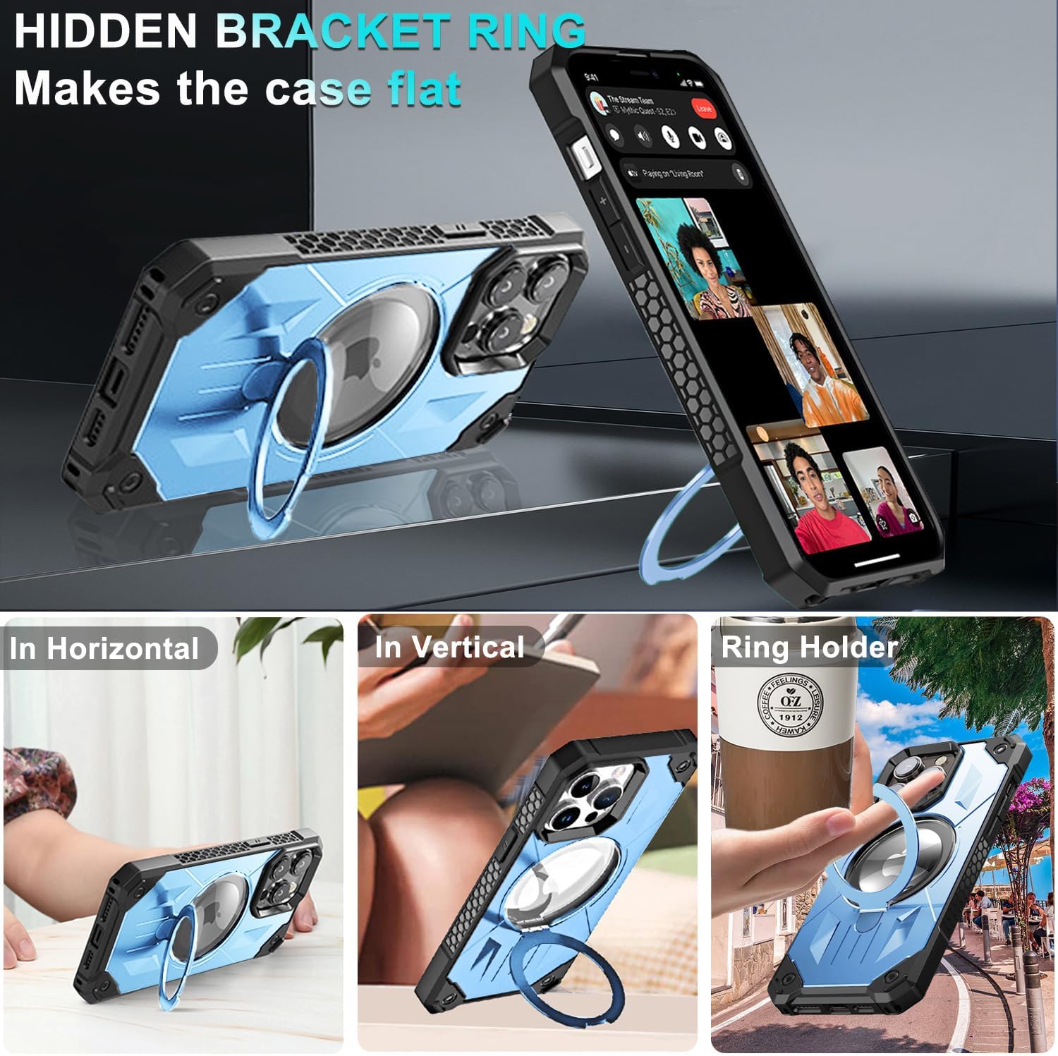 WATEFULL Funda MagSafe compatible con iPhone 15 Pro, anillo magnético plegable invisible, a prueba de golpes, funda protectora brillante de doble