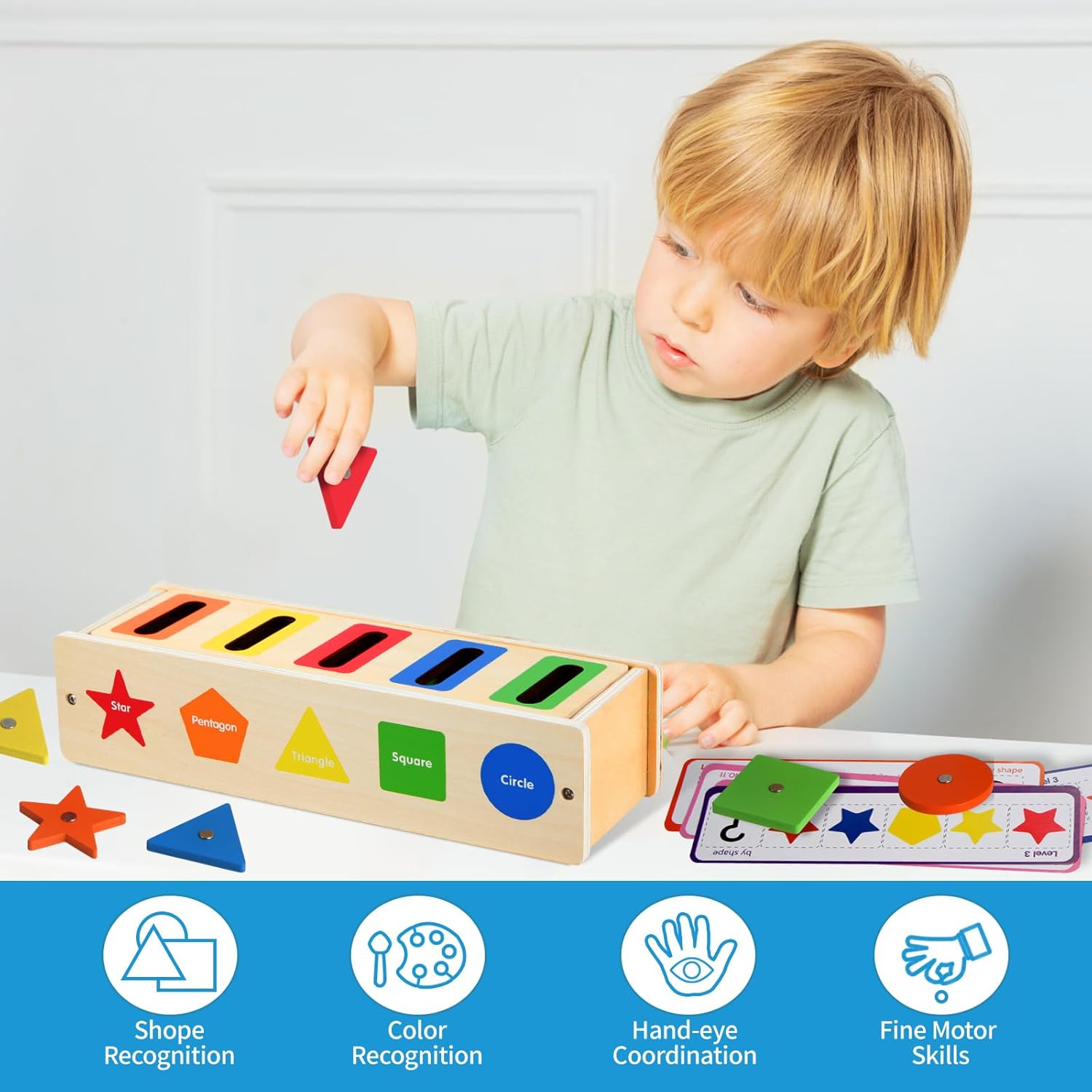 Montessori Toys – Caja de clasificación de formas de color de madera para niños pequeños de 1 a 3, bloques geométricos a juego para aprendizaje