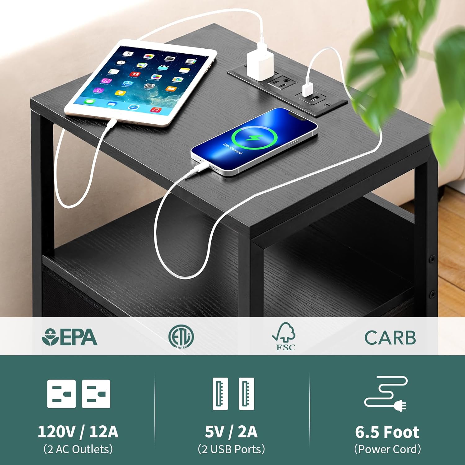 Yoobure – Mesita de noche con estación de carga, con LED y cajones de tela, estante de almacenamiento para dormitorio, con puertos USB y