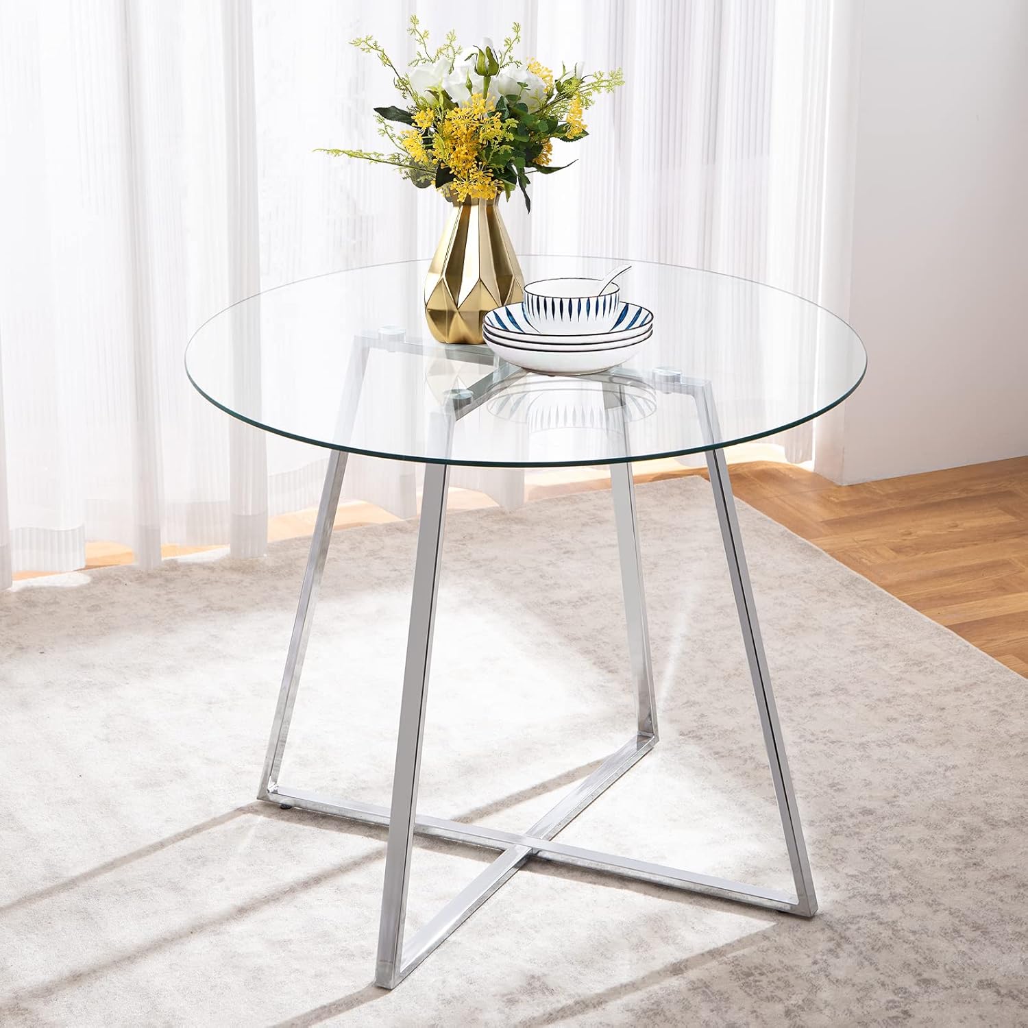 SICOTAS Mesa de comedor redonda de vidrio con patas cromadas, mesa de cocina moderna para 2 o 4 personas, mesa de comedor circular con base de metal