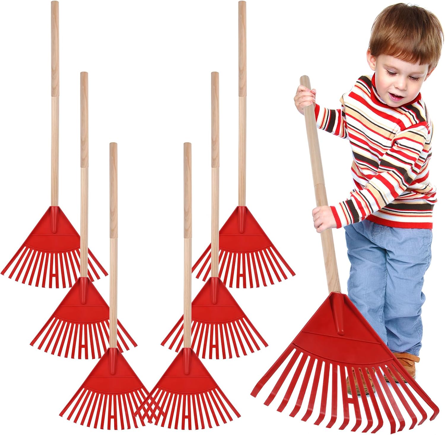 6 rastrillos para niños de 38 pulgadas con mango de madera dura, mango desmontable, herramientas de cuidado del césped para barrer hojas y ordenar