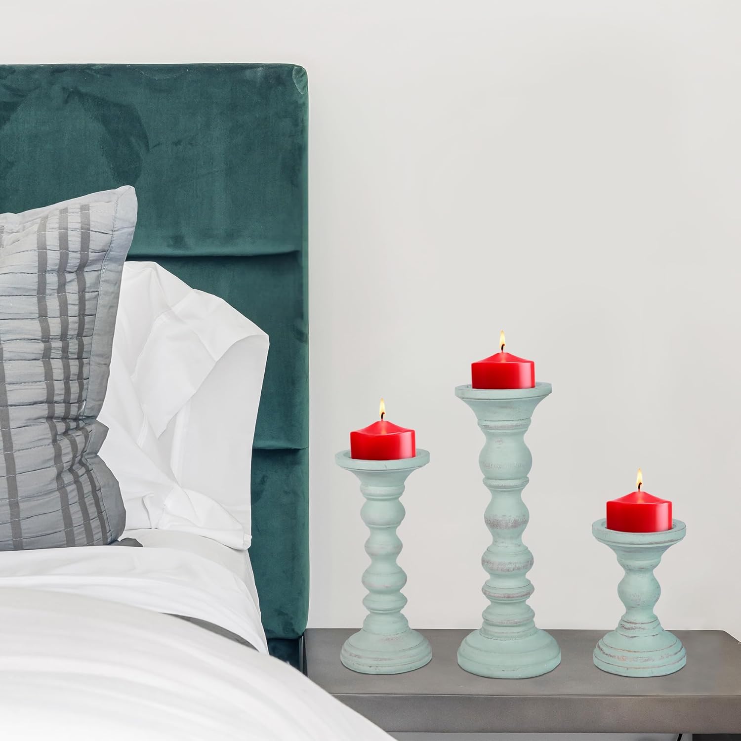Portavelas “Willow” para velas de pilar (azul ópalo, juego de 3), portavelas de madera de mango, portavelas de madera de granja, soporte de velas