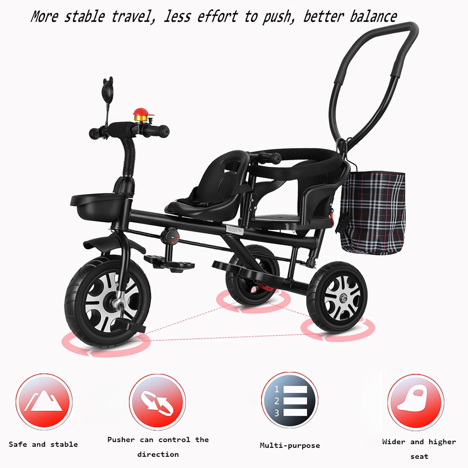 ButxeT Triciclo para niños, 3 en 1, triciclo para niños, con mango de empuje extraíble, con cesta de almacenamiento, arnés de seguridad, regalo de