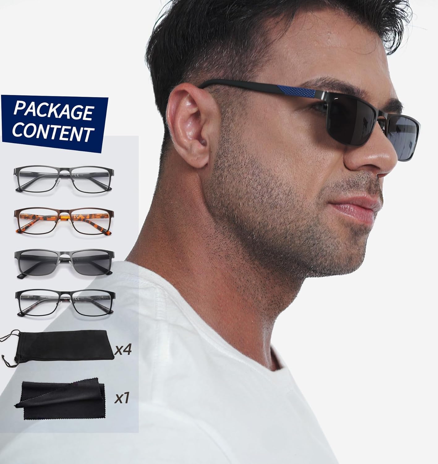 JJWELL Paquete de 4 lentes de lectura para hombres, bloqueo de luz azul, lectores de marco completo de metal para hombres, antifatiga ocular,