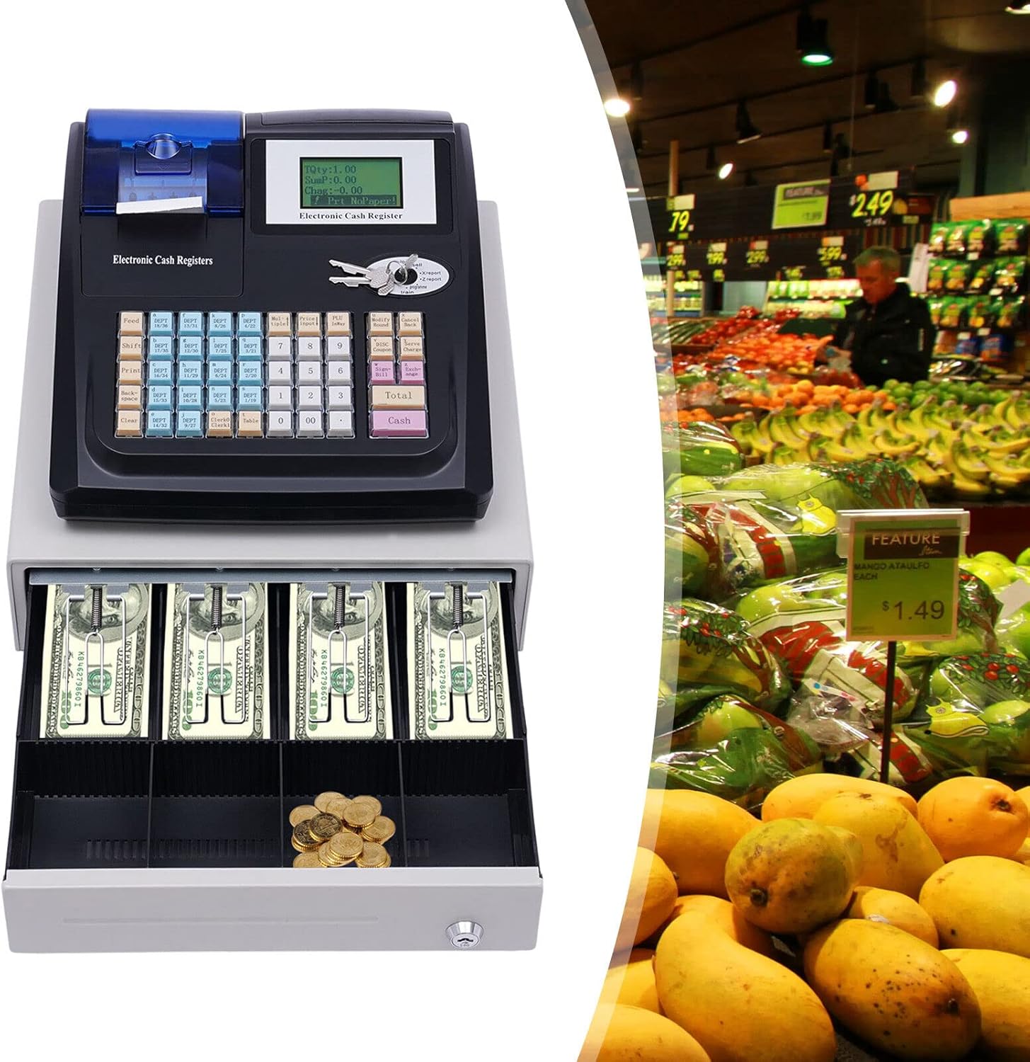 Cutycaty Caja registradora electrónica, cajón de 48 llaves, pantalla LED digital, apto para minoristas, caja de efectivo con bandeja de dinero y