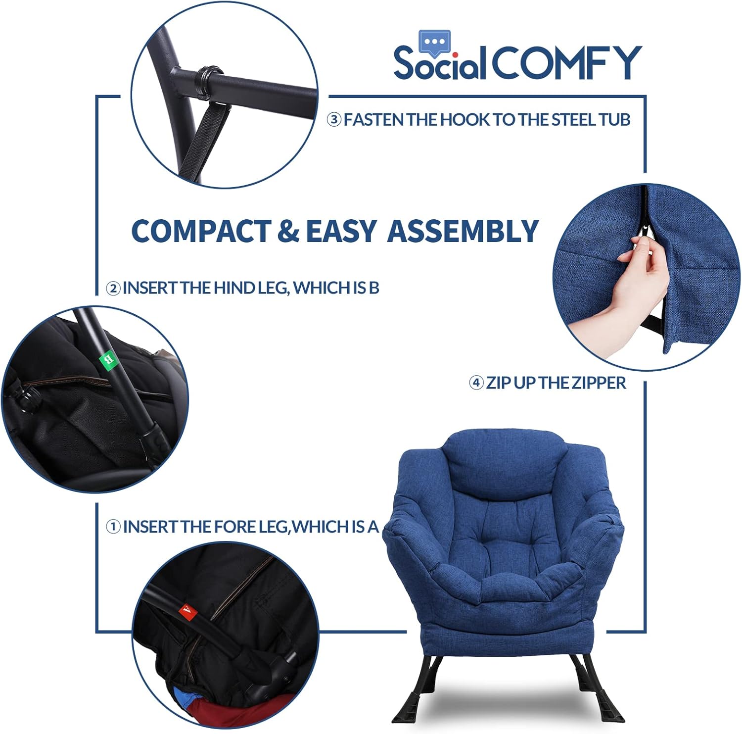 SOCIALCOMFY Silla moderna de tela de algodón, cómoda silla reclinable tapizada individual, silla de descanso contemporánea de acento suave con