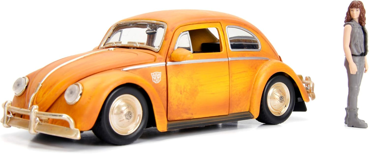 Jada Toys 253115000 Transformers Bumblebee VW Beetle Coche de juguete de fundido, puertas abiertas, bota y capó, figura de Charlie, escala 124,