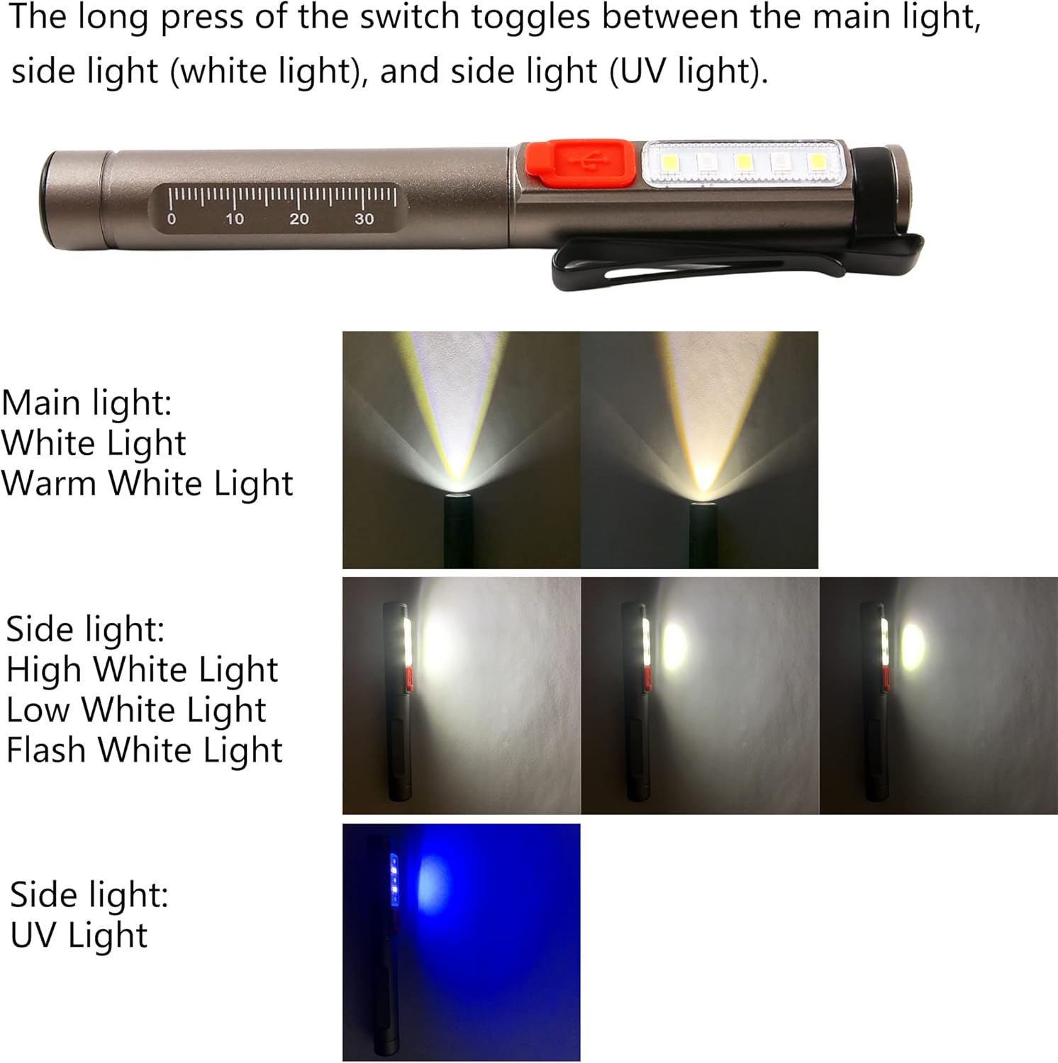 Linterna LED recargable, lámpara de inspección de bolsillo con luz blancaluz blanca cálidaluz UV y clip para emergencia, encontrar manchas de perro,