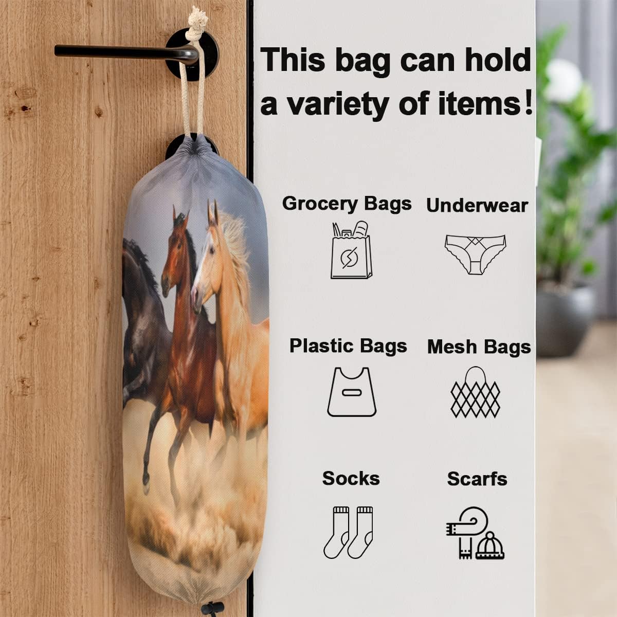 Soporte de bolsa de plástico reutilizable para caballos corriendo de animales, soporte para bolsa de comestibles, lavable, organizador de bolsas de
