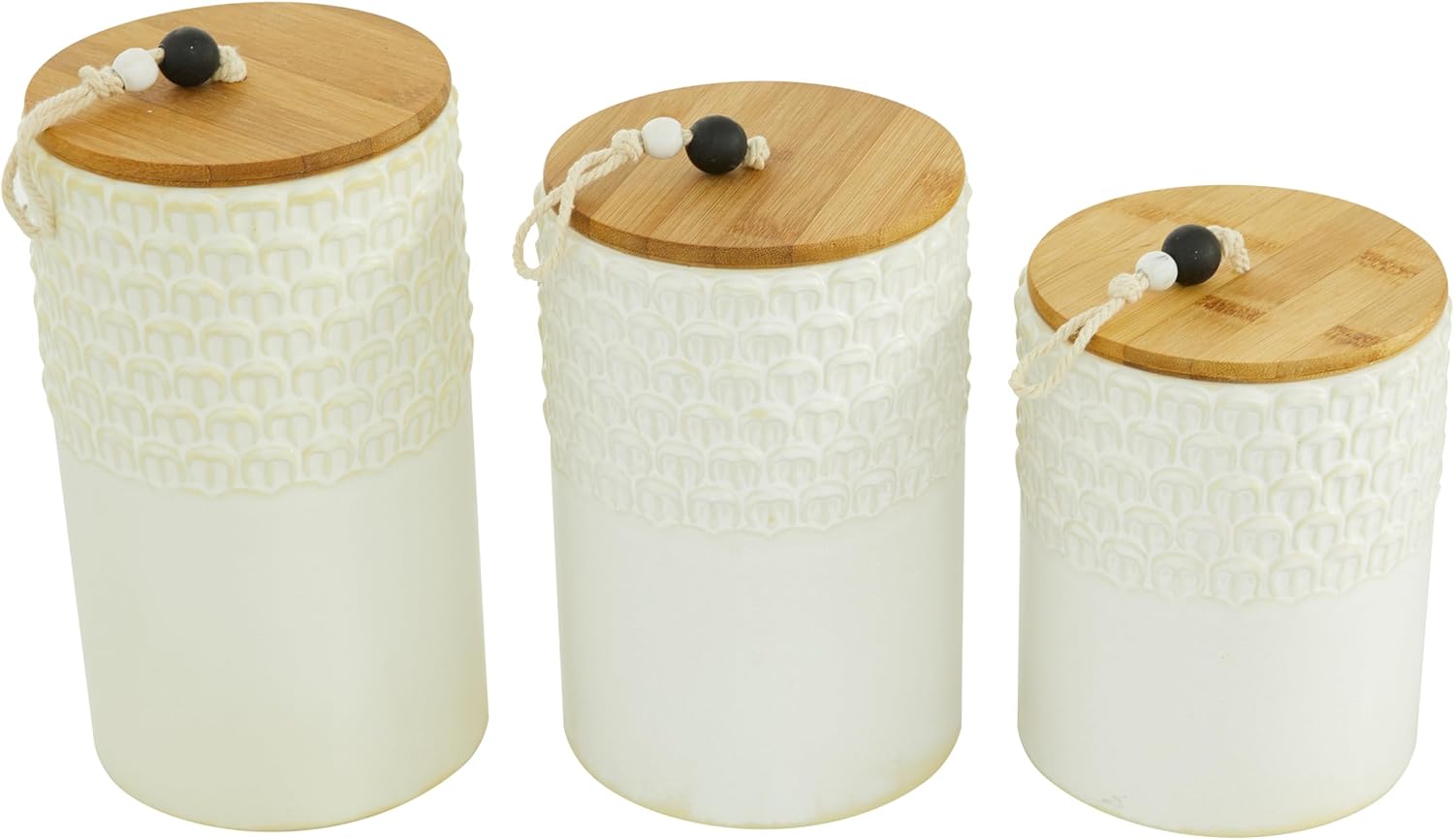 Deco 79 Tarros decorativos de cerámica con tapas de madera, juego de 3 9 pulgadas, 8 pulgadas, 7 pulgadas de alto, blanco
