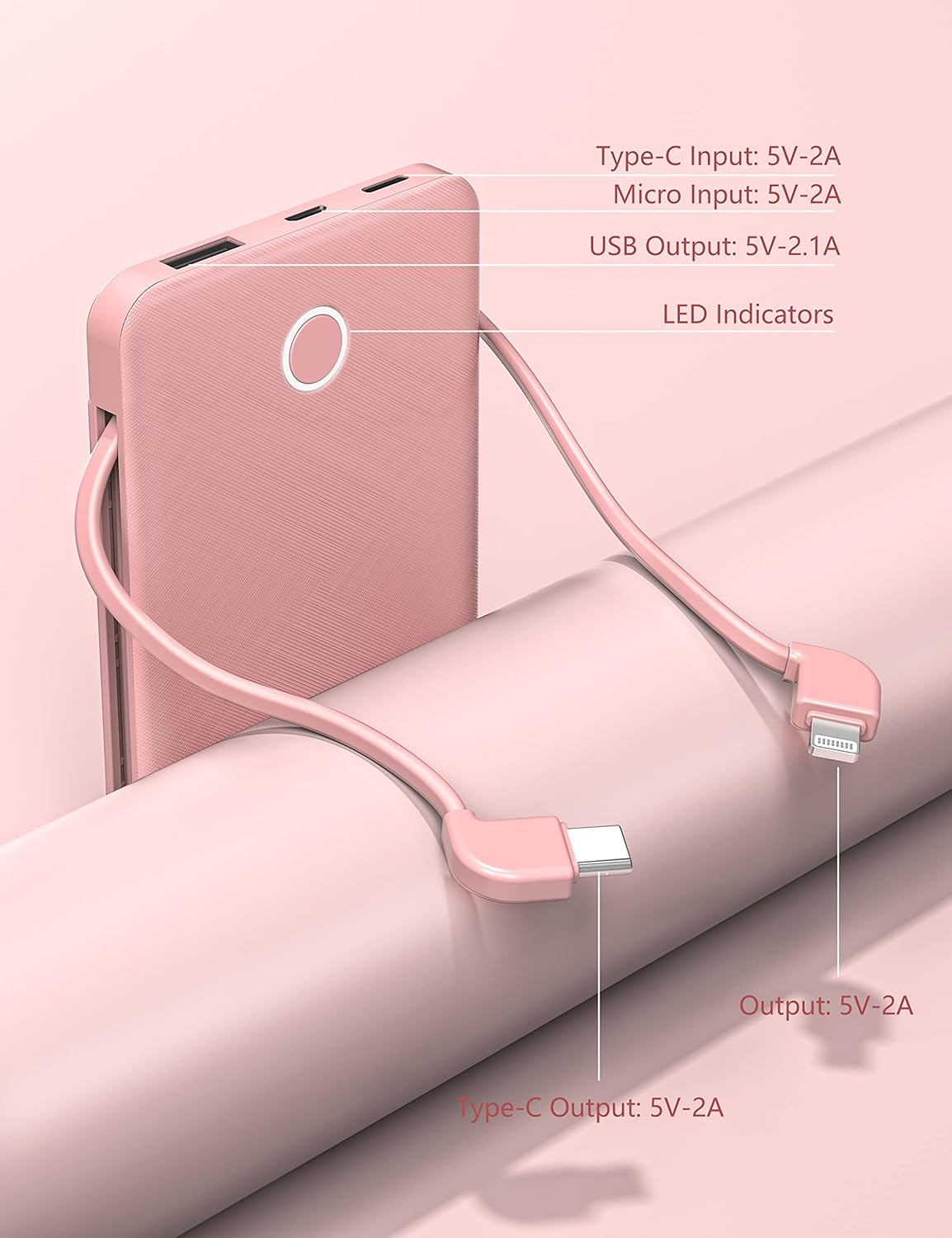 Paquete de 2 cables integrados ultradelgados de 6000 mAh, batería externa de 3 salidas, compatible con iPhone, color negro y rosa
