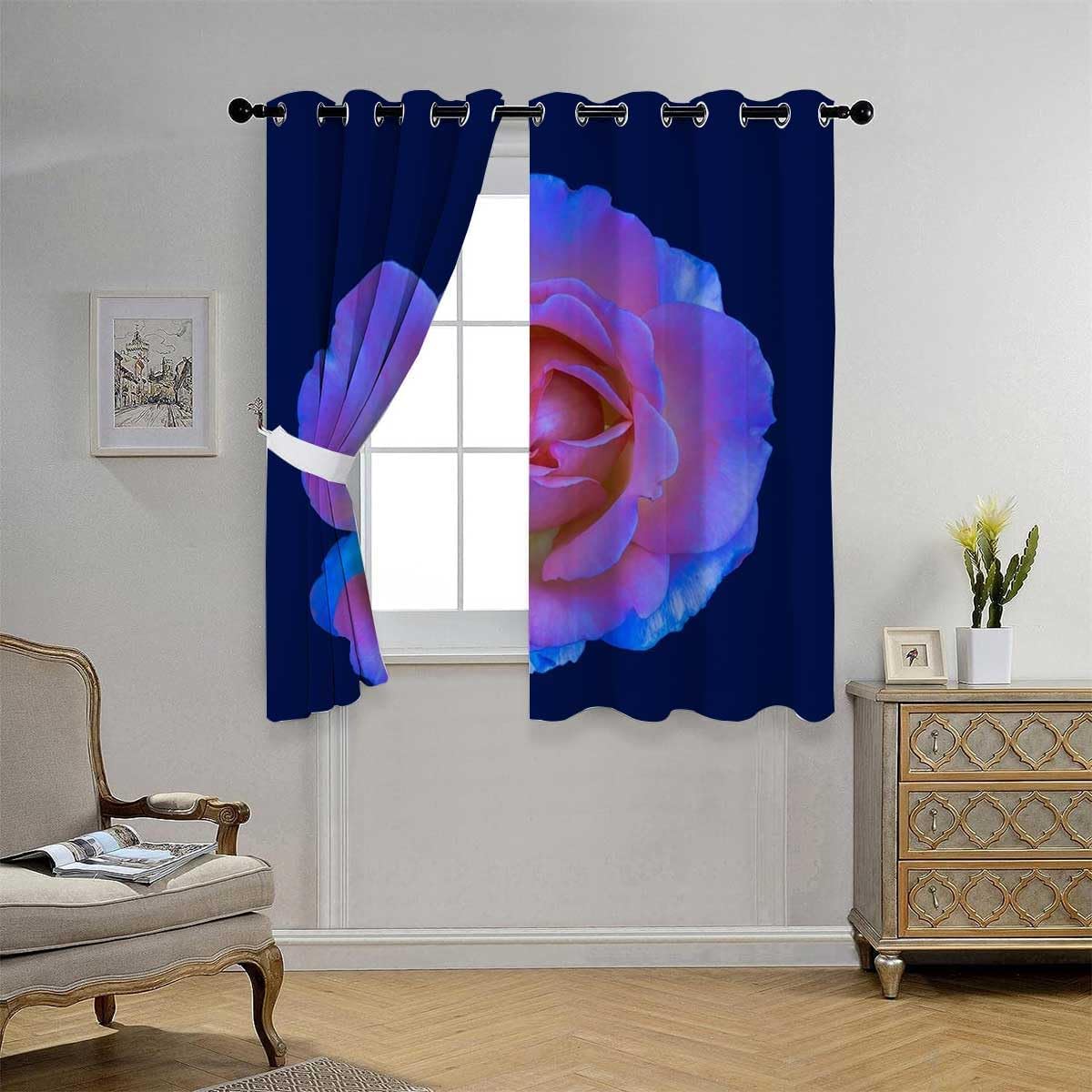 YANFENQI Cortinas para Habitacion Deep Blue Flower Grommet Short Door Curtain Panels Acoustic Fabric 55Inch Width by 55Inch Length,2 Panels