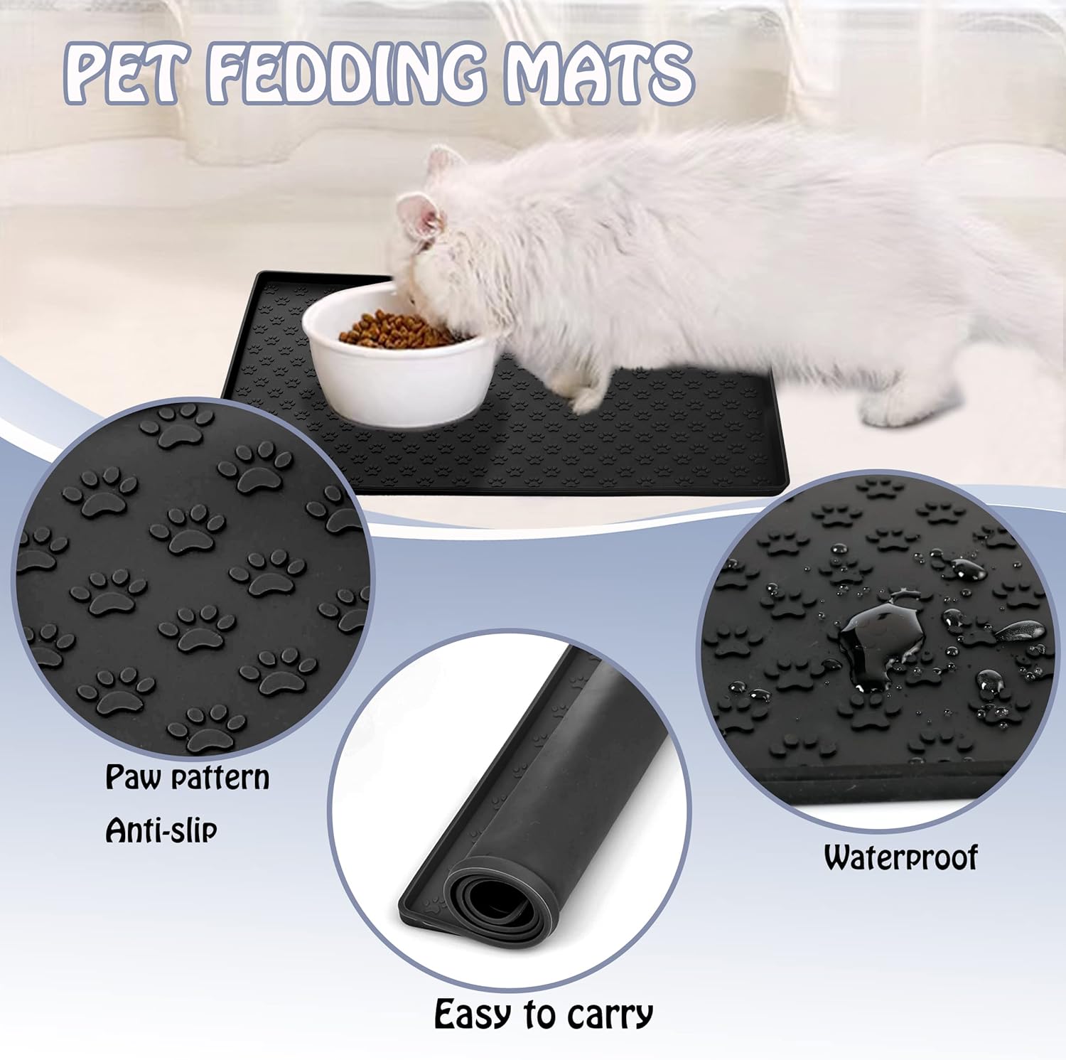 Tapete de comida para perros y gatos para el piso, tapete para alimentación de perros y agua, bordes elevados para alimentos y gatos, tapete para