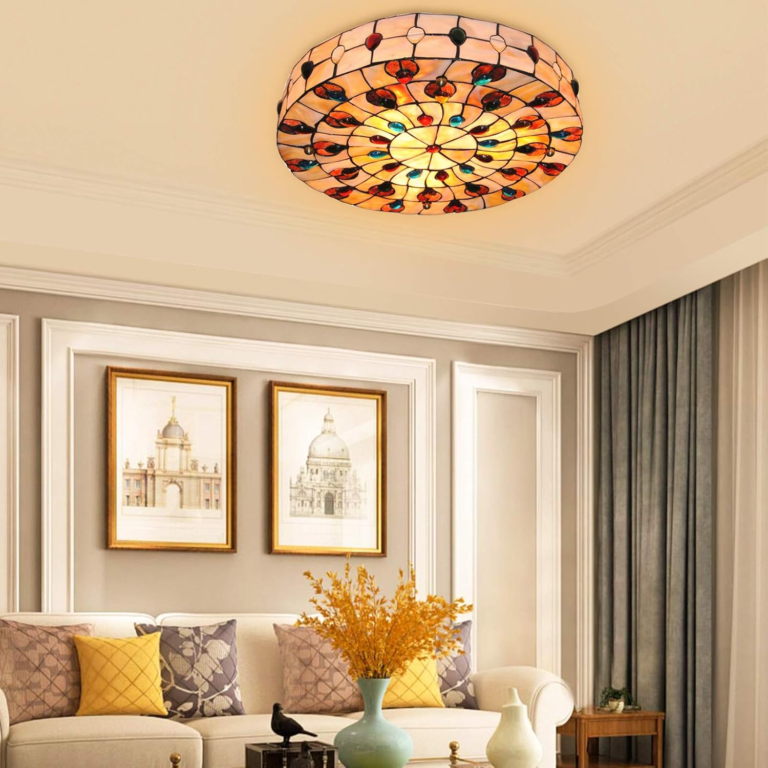 TFCFL Lámpara de techo barroca Tiffany de 20 pulgadas, lámpara de techo con gemas de vitral, lámpara de techo de 3 luces estilo vintage para