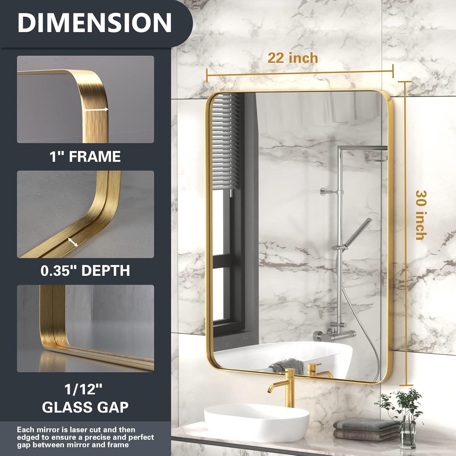 Espejo de baño dorado cepillado de 22 x 30 pulgadas para pared, espejo de baño con marco de acero inoxidable 304, espejo rectangular de granja de