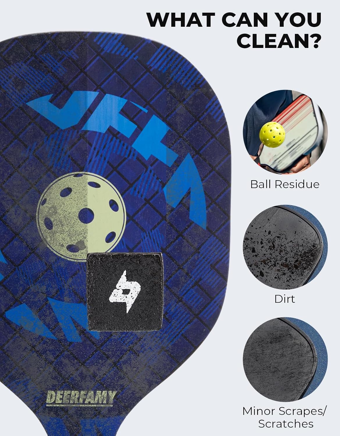 DEERFAMY Borrador de paletas de pickleball, limpiador de raqueta de pickleball de fibra de carbono, la mejor barra de goma natural para eliminar