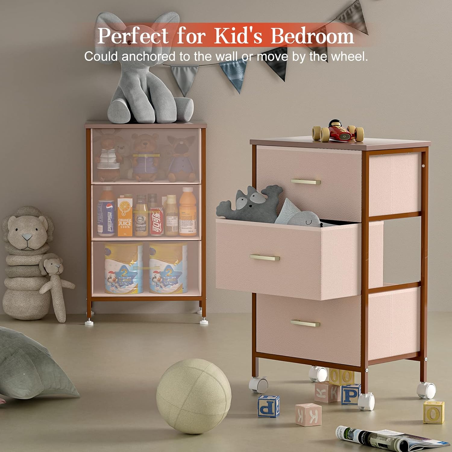 Cómoda para dormitorio, mesita de noche con 3 cajones, cómoda de tela para niños pequeños para organizador de armario, guardería, dormitorio, bonita