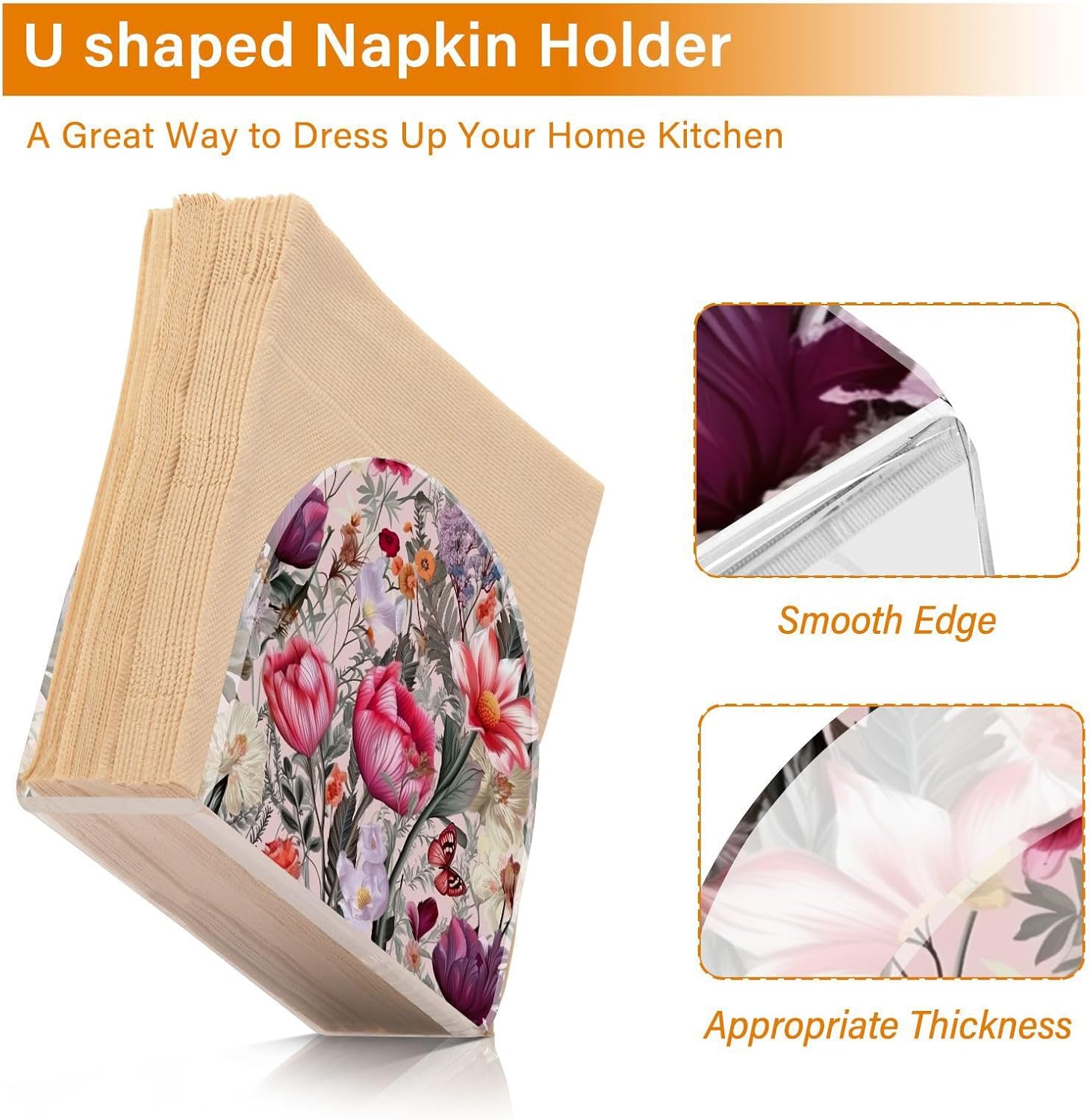 Napkin Holder Rustic Floral Butterfly Napkin Holders for Tables, Clear Acrylic Napkin Holders Cocktail Napkin Holder for Kitchen Restaurant Bar Home
