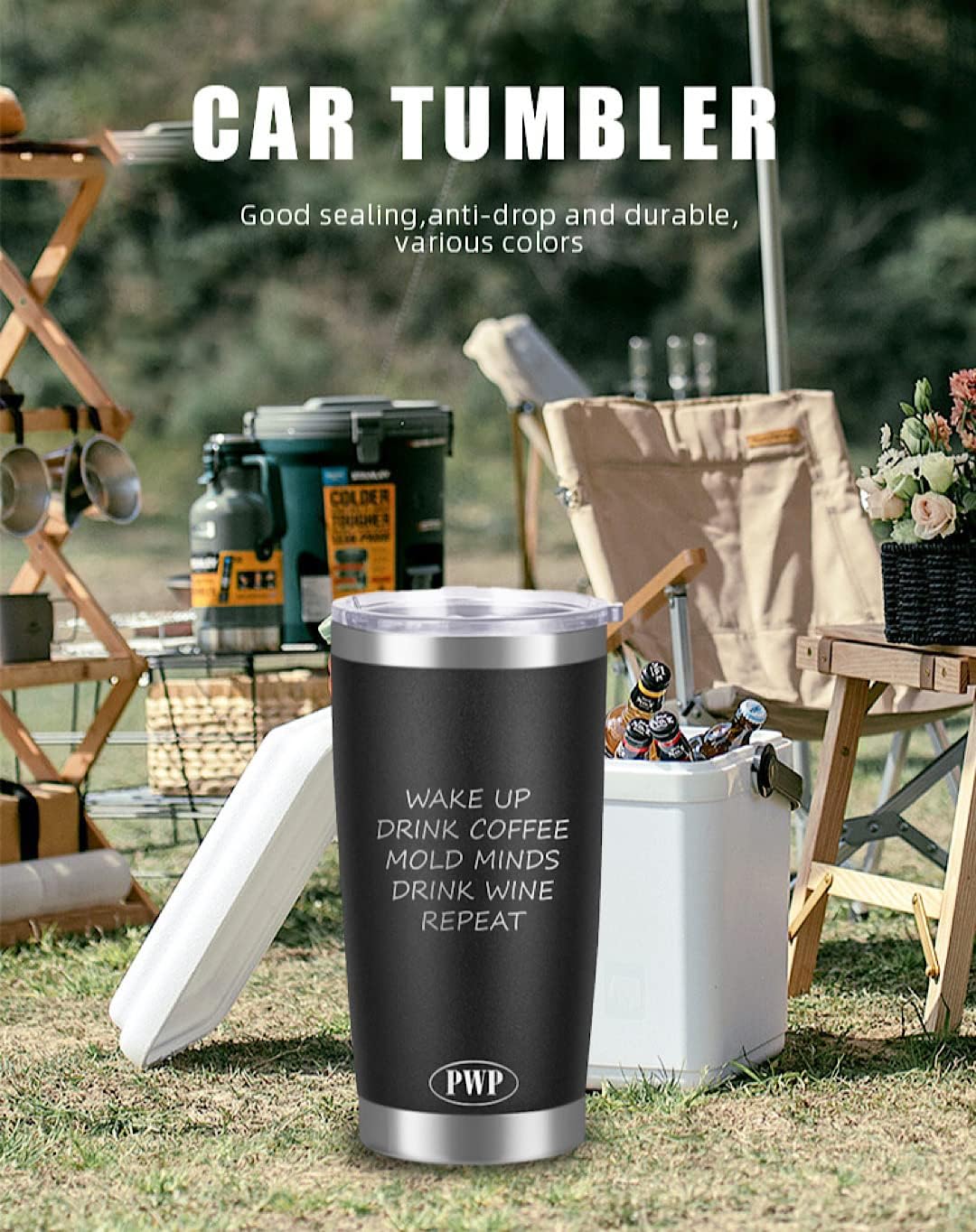 P W P Vaso de 20 onzas para café y bebida, café con diseño de mentes y repetición de vino, vaso de acero inoxidable, taza de café de viaje, vaso