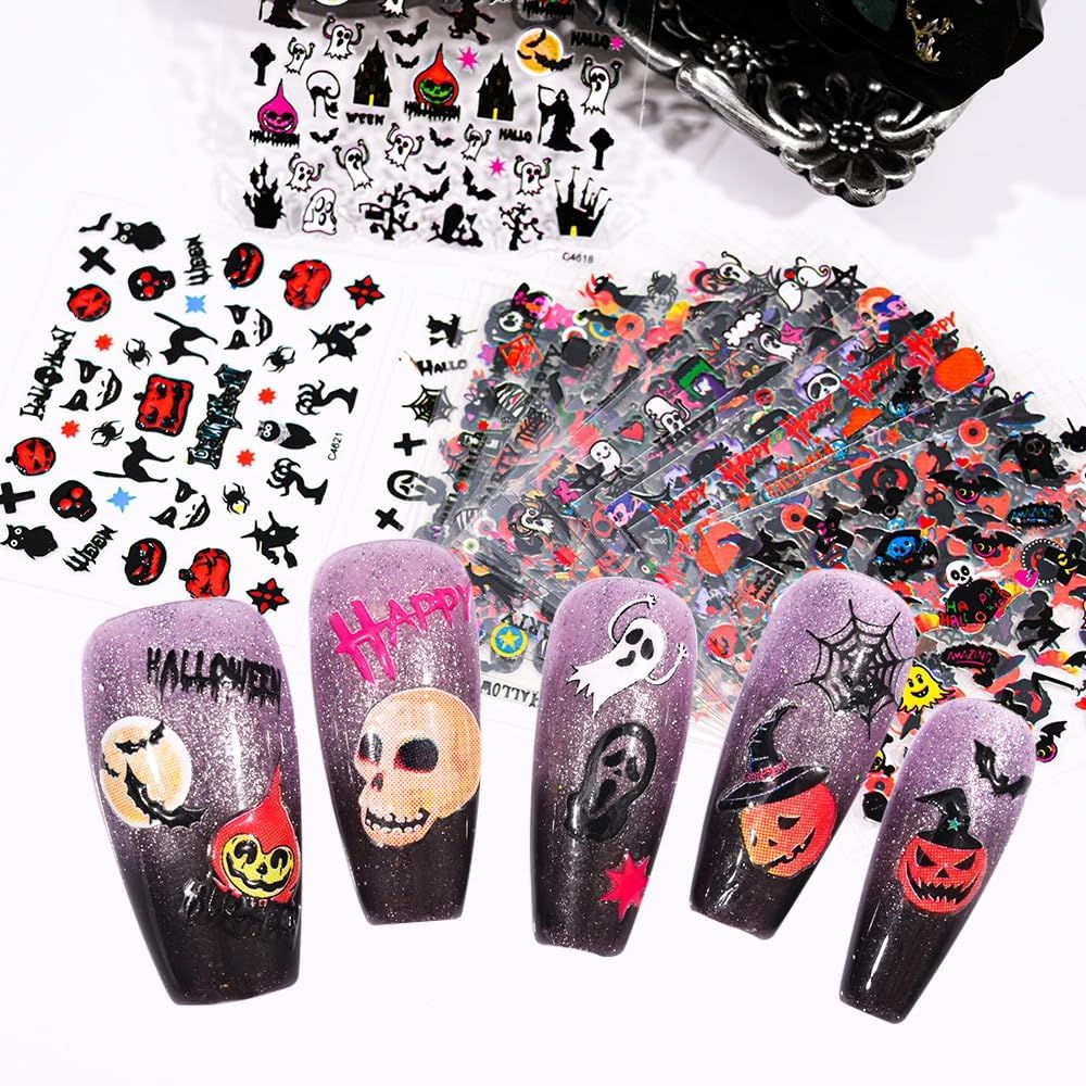 24 hojas de calcomanías de uñas de Halloween, calabaza, fantasma, cara, calcomanías de uñas autoadhesivas 3D, tela de araña, gato, murciélago,
