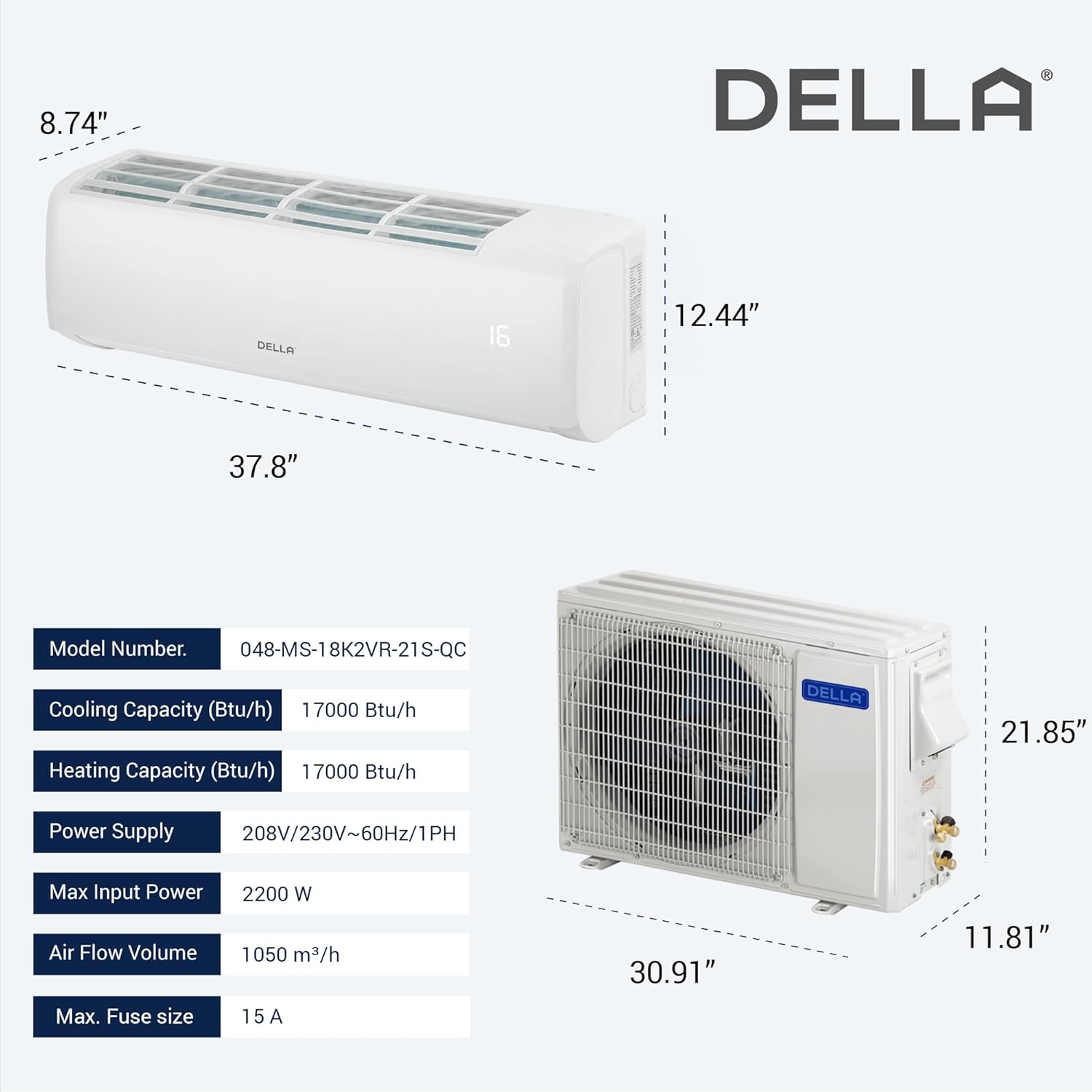 DELLA 18000 BTU Mini Split AC 21 SEER2 enfría hasta 1000 pies cuadrados, 208-230 V, aire acondicionado y calentador habilitado para WiFi con bomba