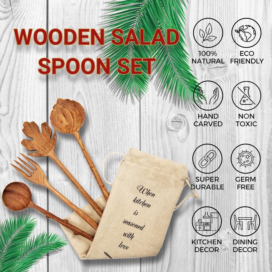 BVicHair Juego de 4 cucharas y tenedores de madera, juego de cucharas de ensalada de madera, regalos de amas de casa reales, regalos de cocina para