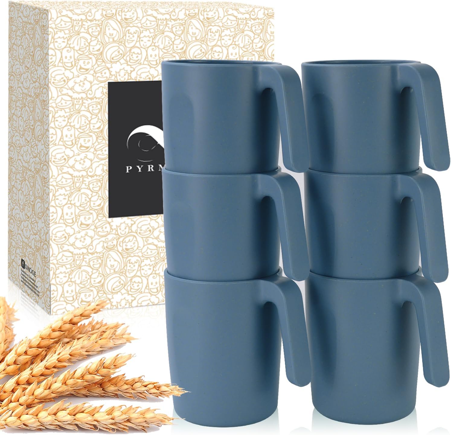 PYRMONT Juego de 6 tazas de paja de trigo, taza de café de plástico reutilizable, taza de té con asas, juego de tazas de 16 onzas para café,