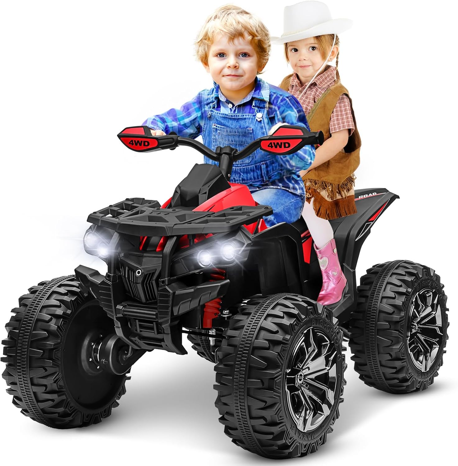 ATV 4 ruedas para niños, juguetes de paseo de 24 V 4WD con 2 plazas, motor potente de 4 x 200 W, funciona con batería de 9 AH, música Bluetooth,