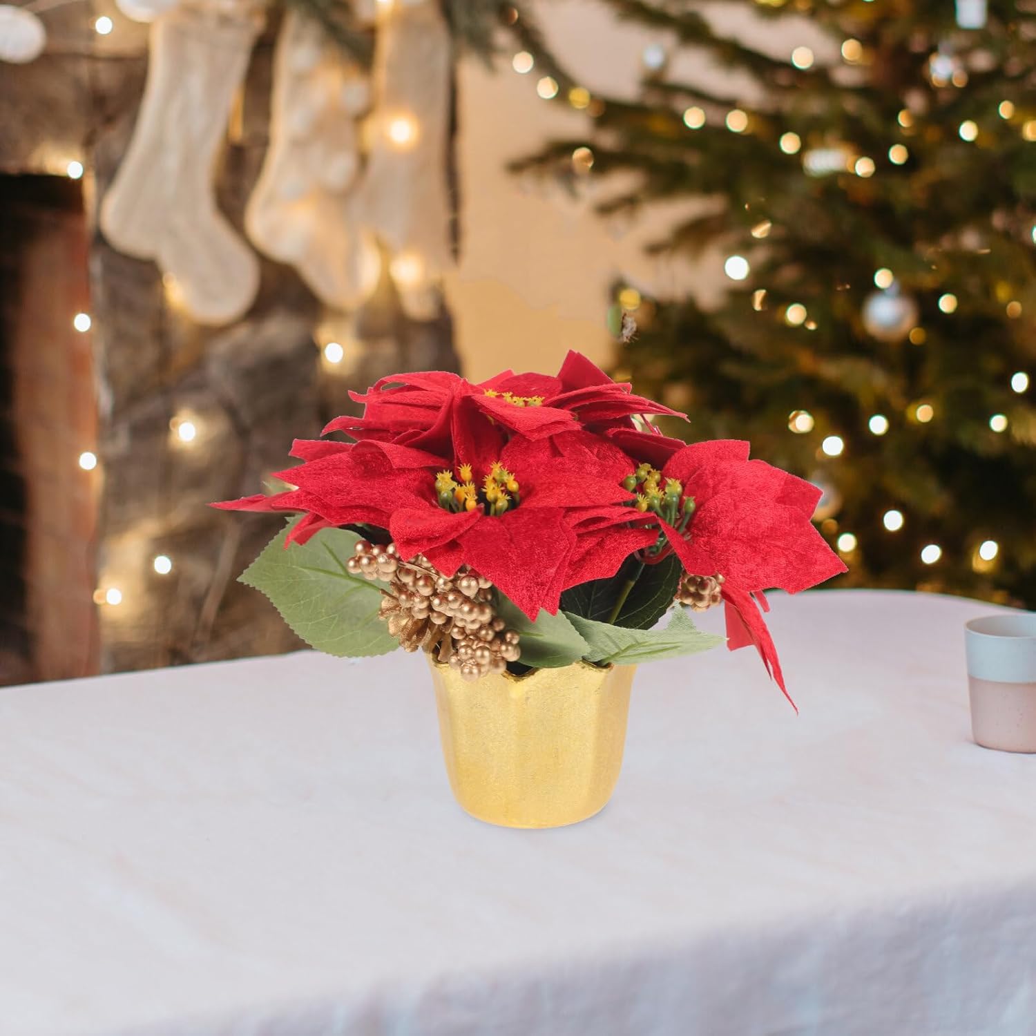 VILLCASE Planta de Pascua roja de Navidad en maceta, flores de Pascua artificiales en jarrón, bayas de pino, decoración de bandeja escalonada de