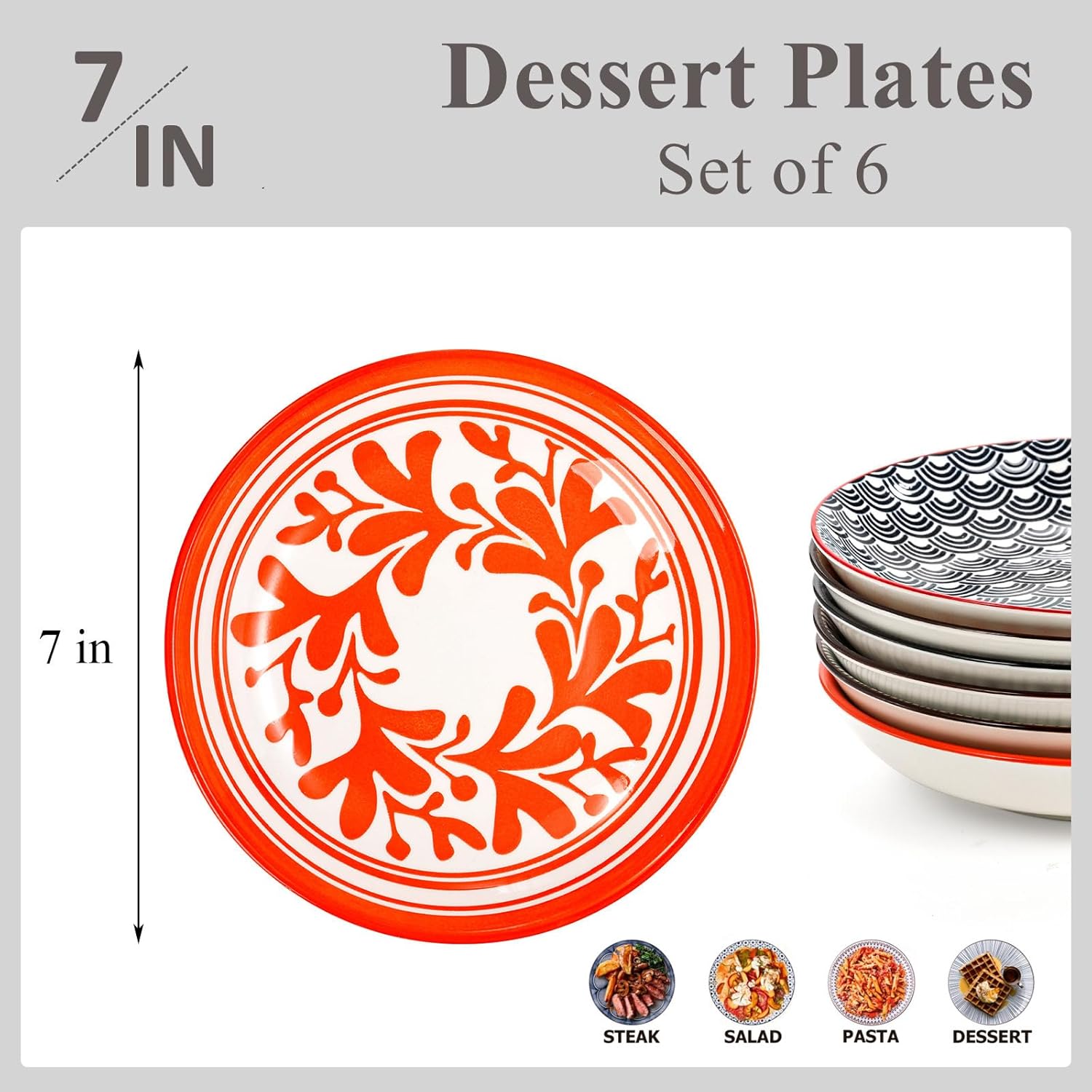 ZOOFOX Juego de 6 platos llanos de cerámica, platos redondos de cerámica de 7 pulgadas, diseño de artes abstractas, platos de postre para